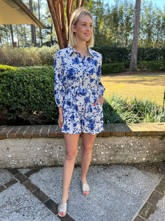 Rena Blue Floral Long Sleeve Romper