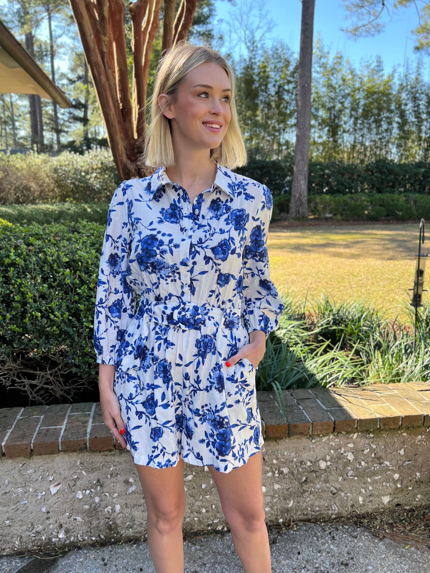 Rena Blue Floral Long Sleeve Romper