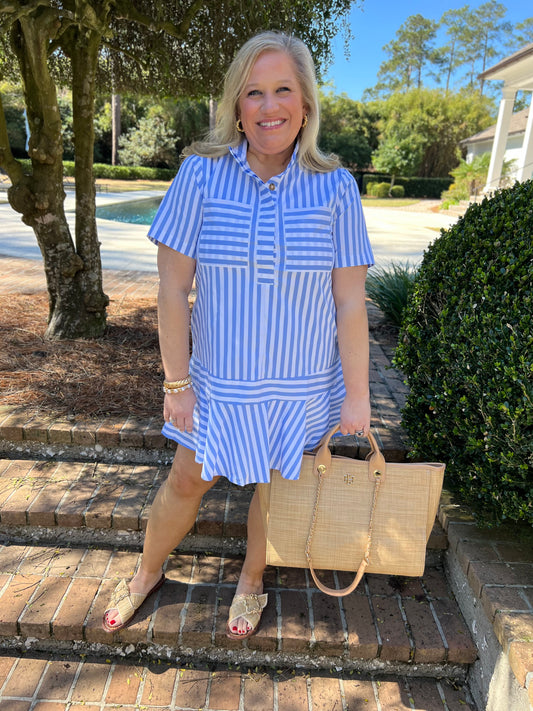 Springtime Light Blue Striped Short Sleeve Dress