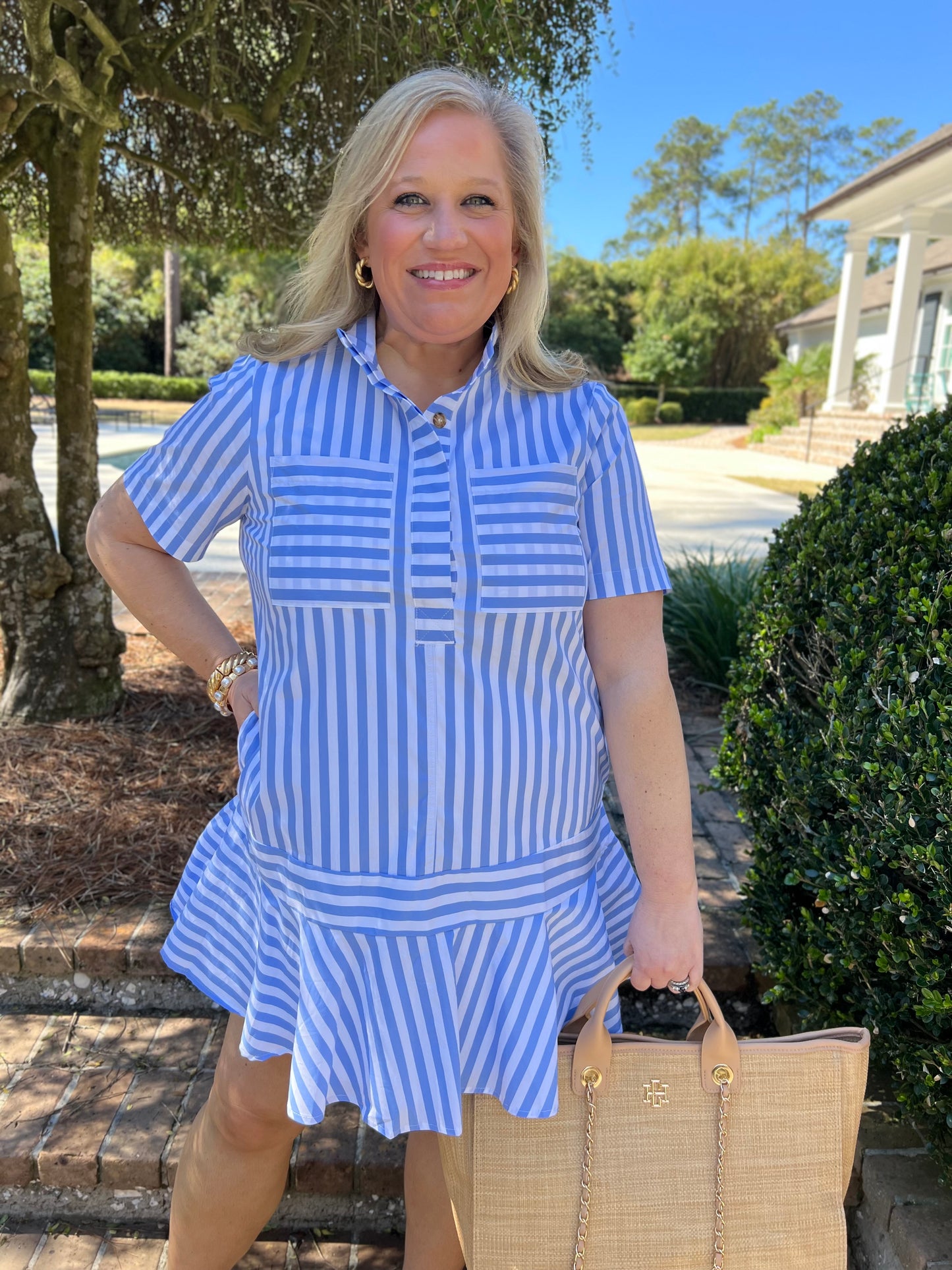 Springtime Light Blue Striped Short Sleeve Dress