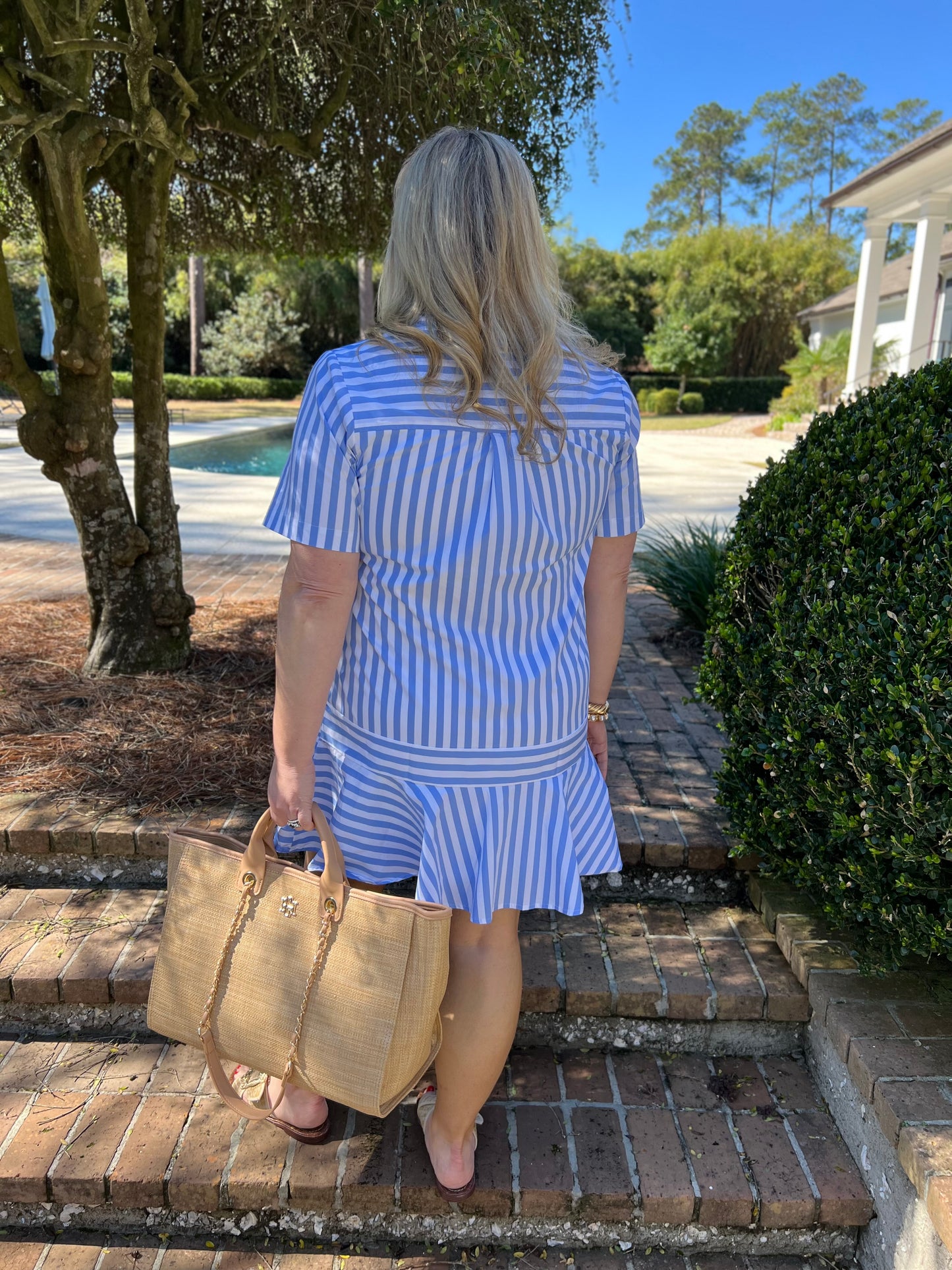 Springtime Light Blue Striped Short Sleeve Dress