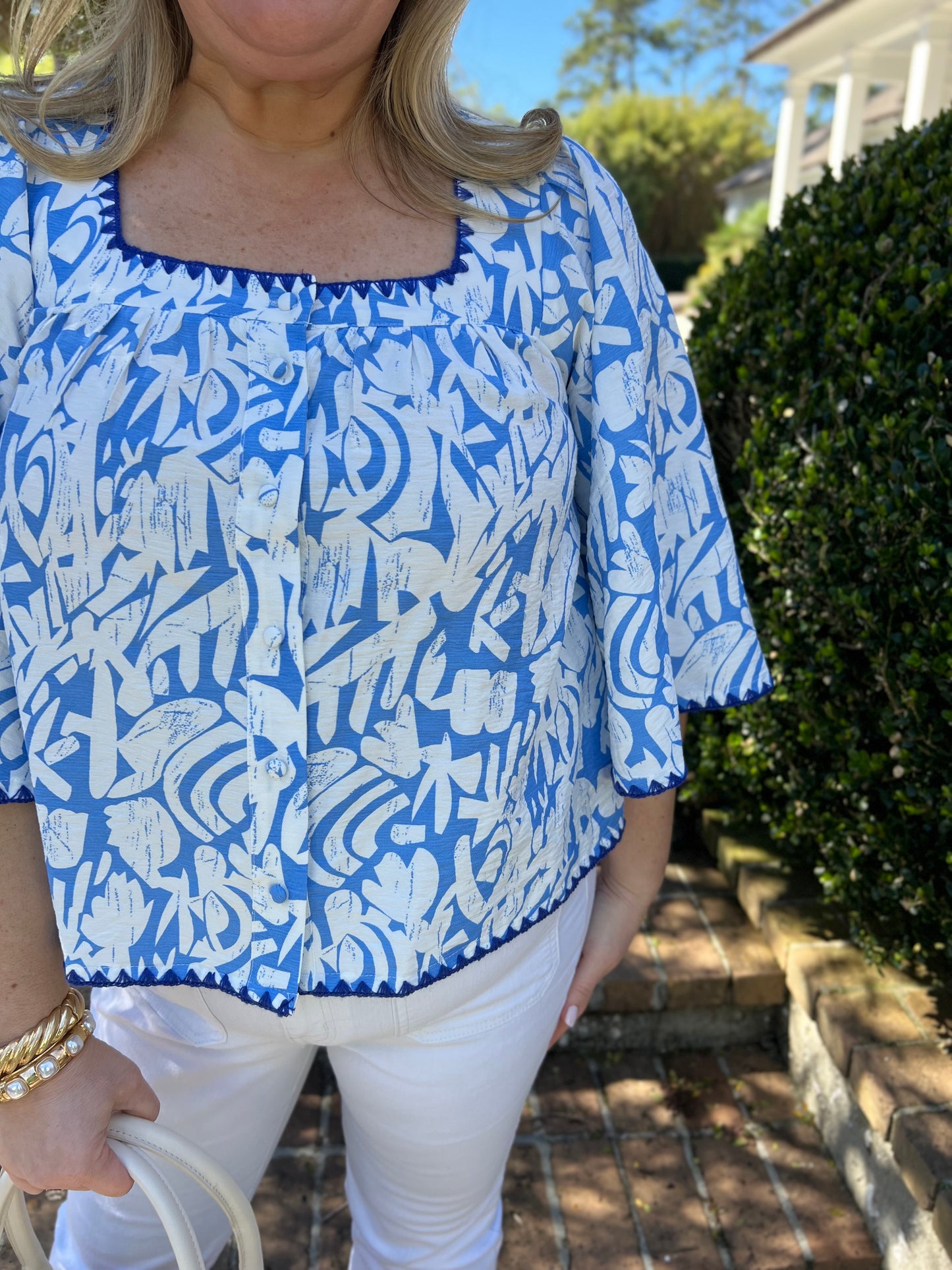 Blue Abstract Print Short Sleeve Top