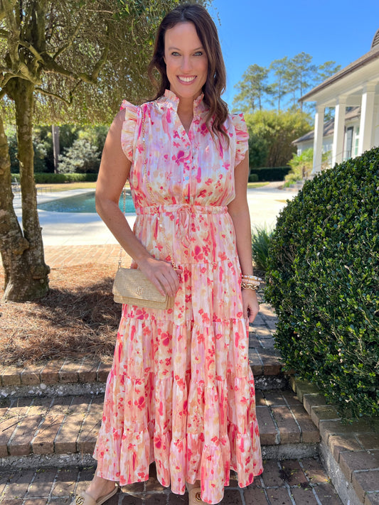 Pink Satin Floral Print Maxi Dress