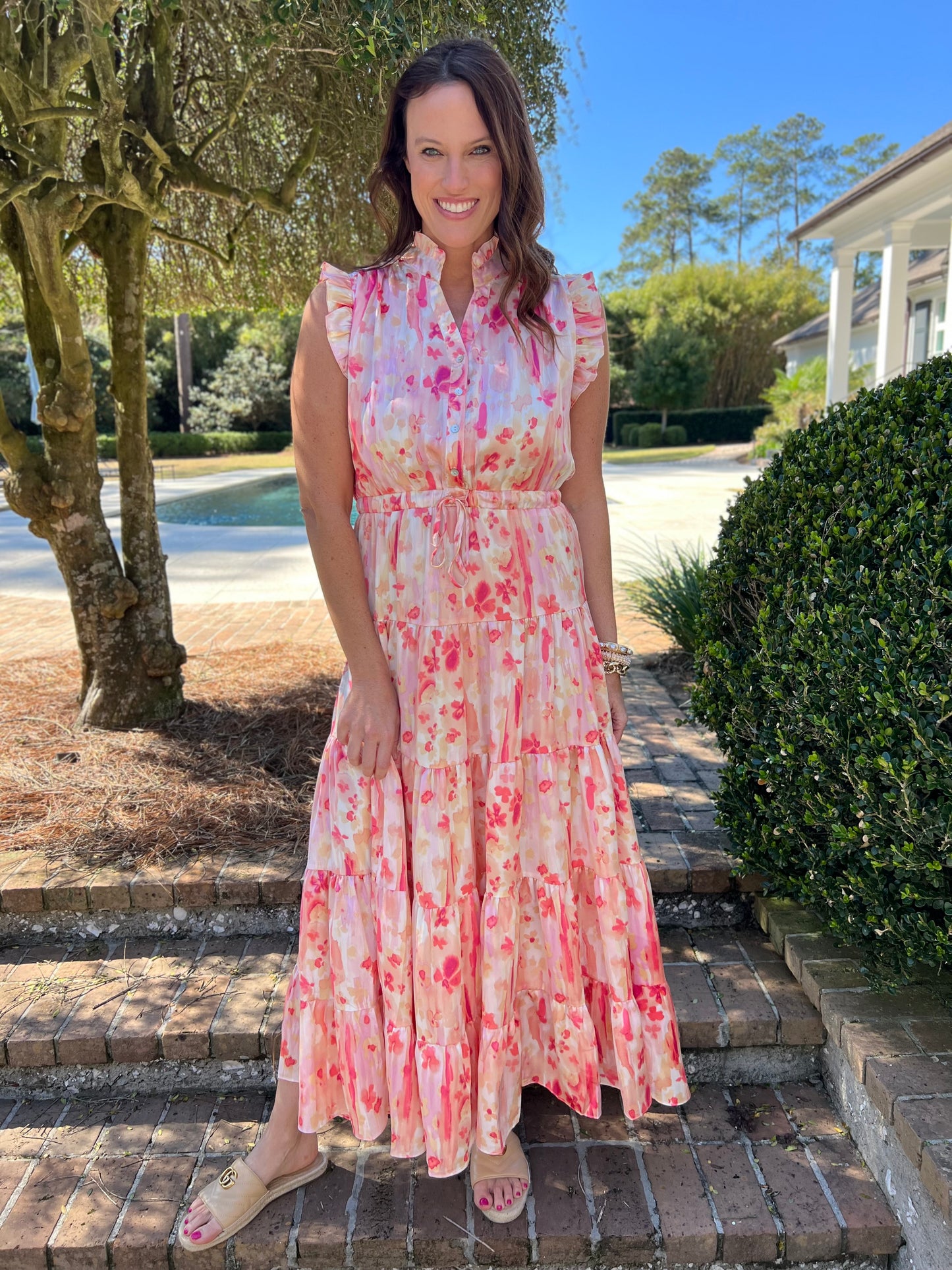 Pink Satin Floral Print Maxi Dress