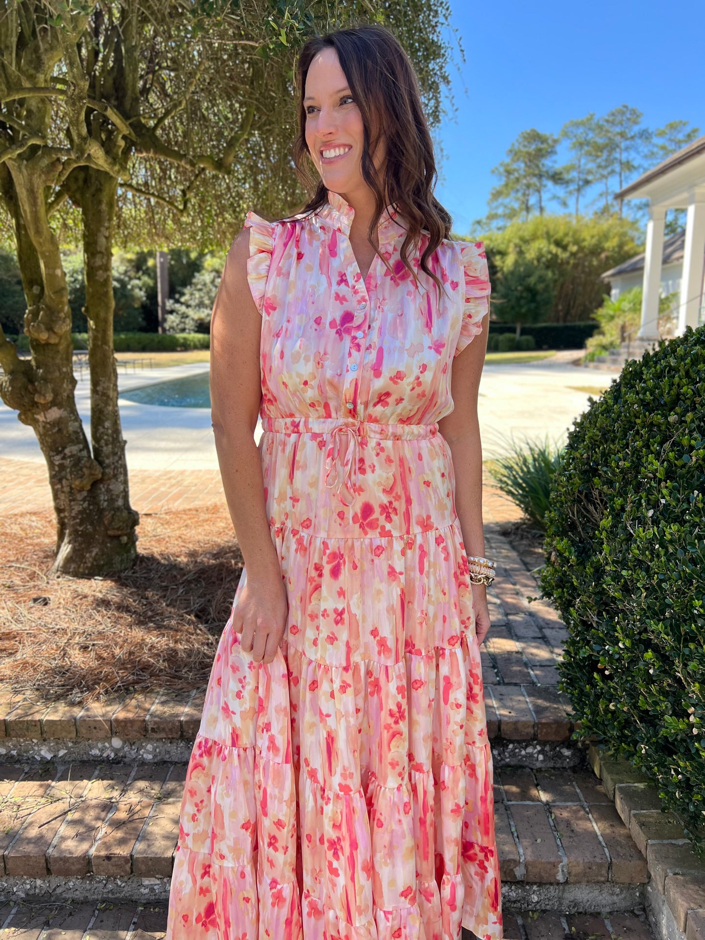 Pink Satin Floral Print Maxi Dress