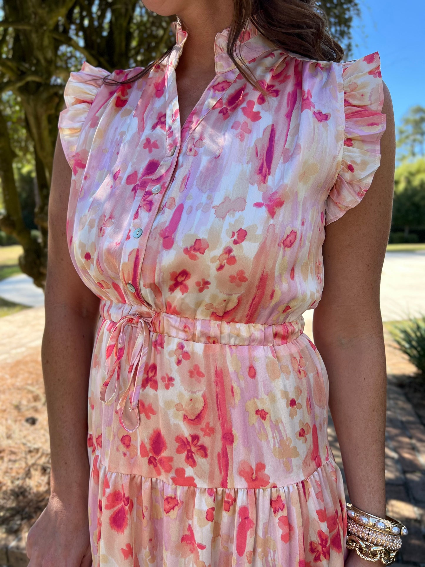 Pink Satin Floral Print Maxi Dress