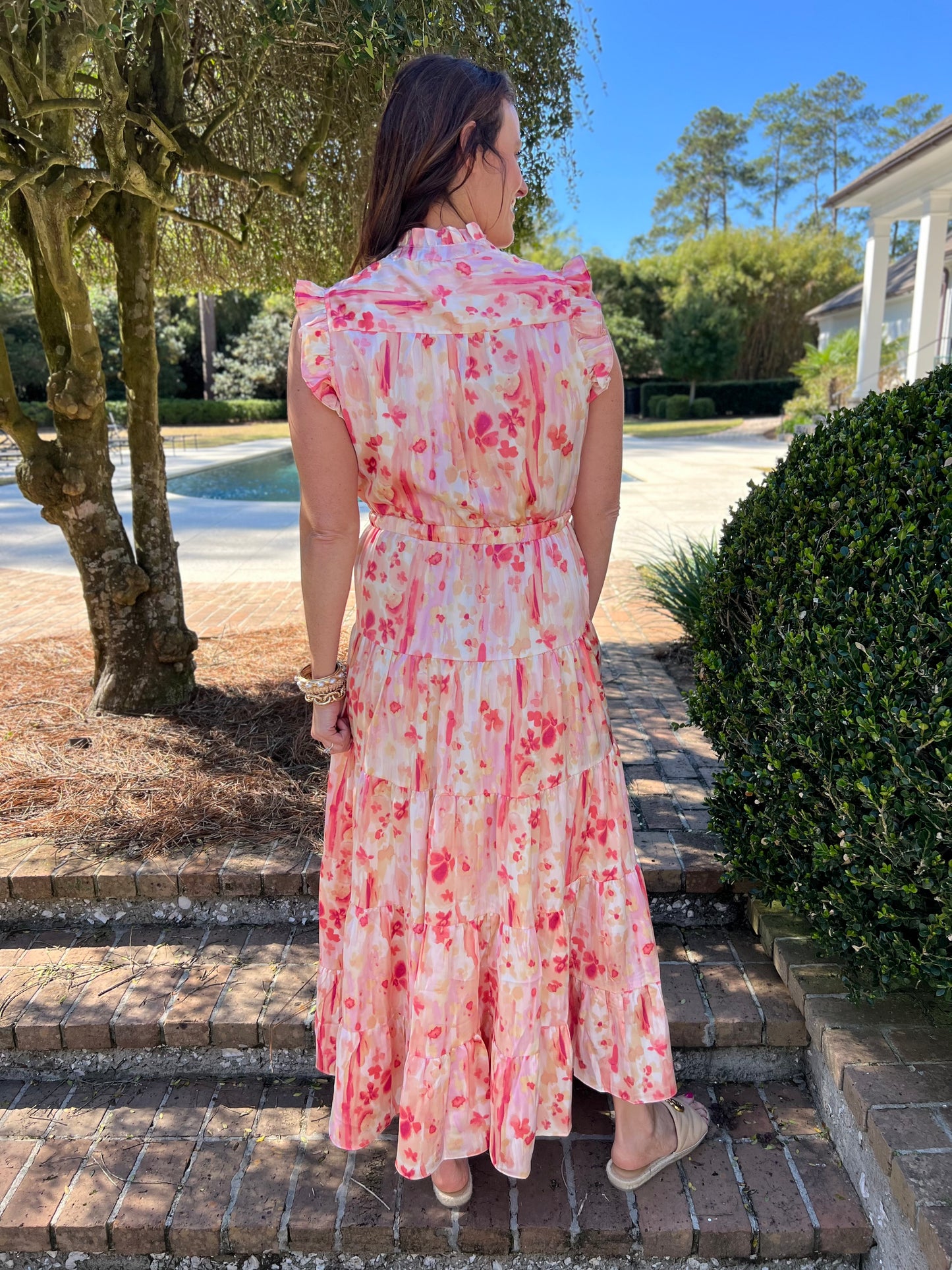 Pink Satin Floral Print Maxi Dress