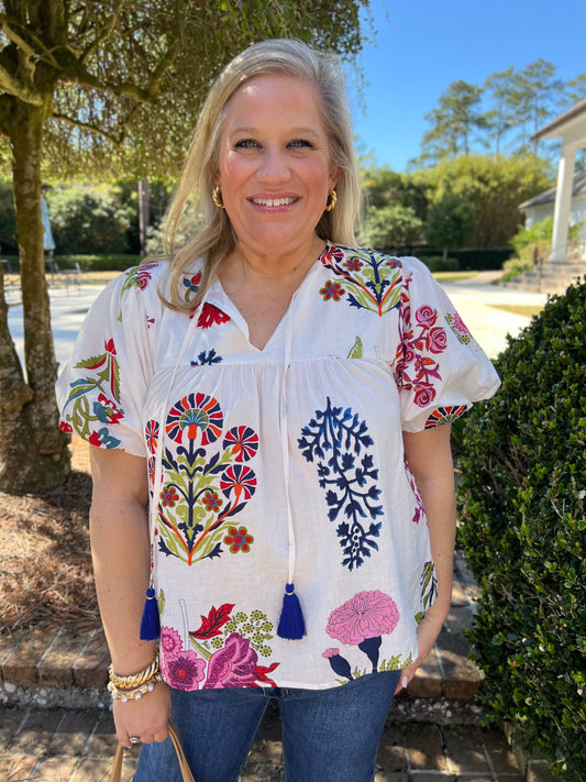 Kiara White Floral Tassel Top