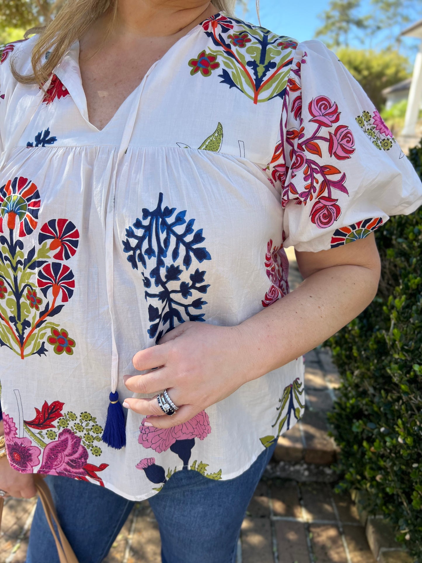 Kiara White Floral Tassel Top