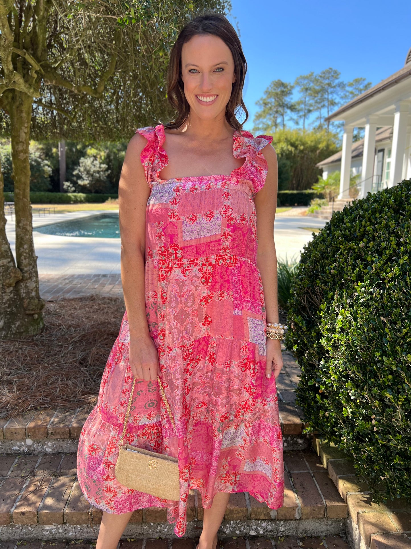 Evana Pink Patchwork Tiered Maxi Dress