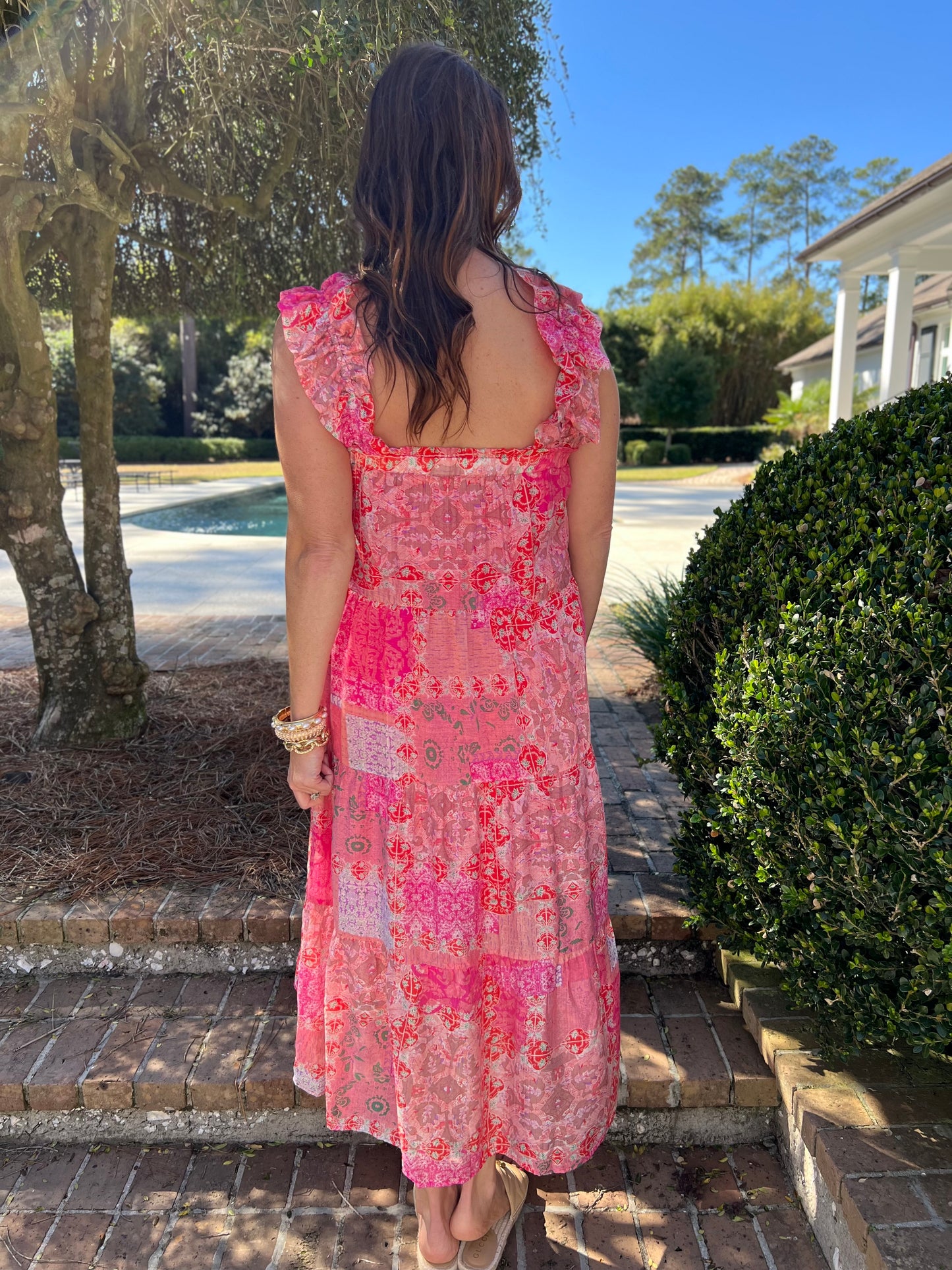 Evana Pink Patchwork Tiered Maxi Dress