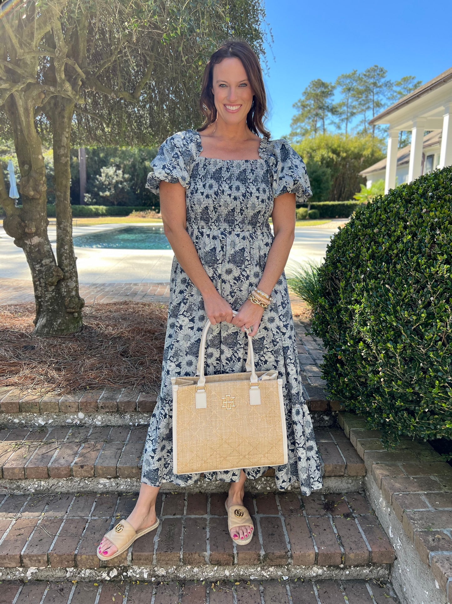 Melinda Navy Floral Smocked Maxi Dress