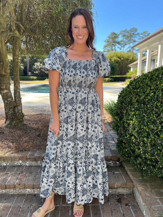 Melinda Navy Floral Smocked Maxi Dress