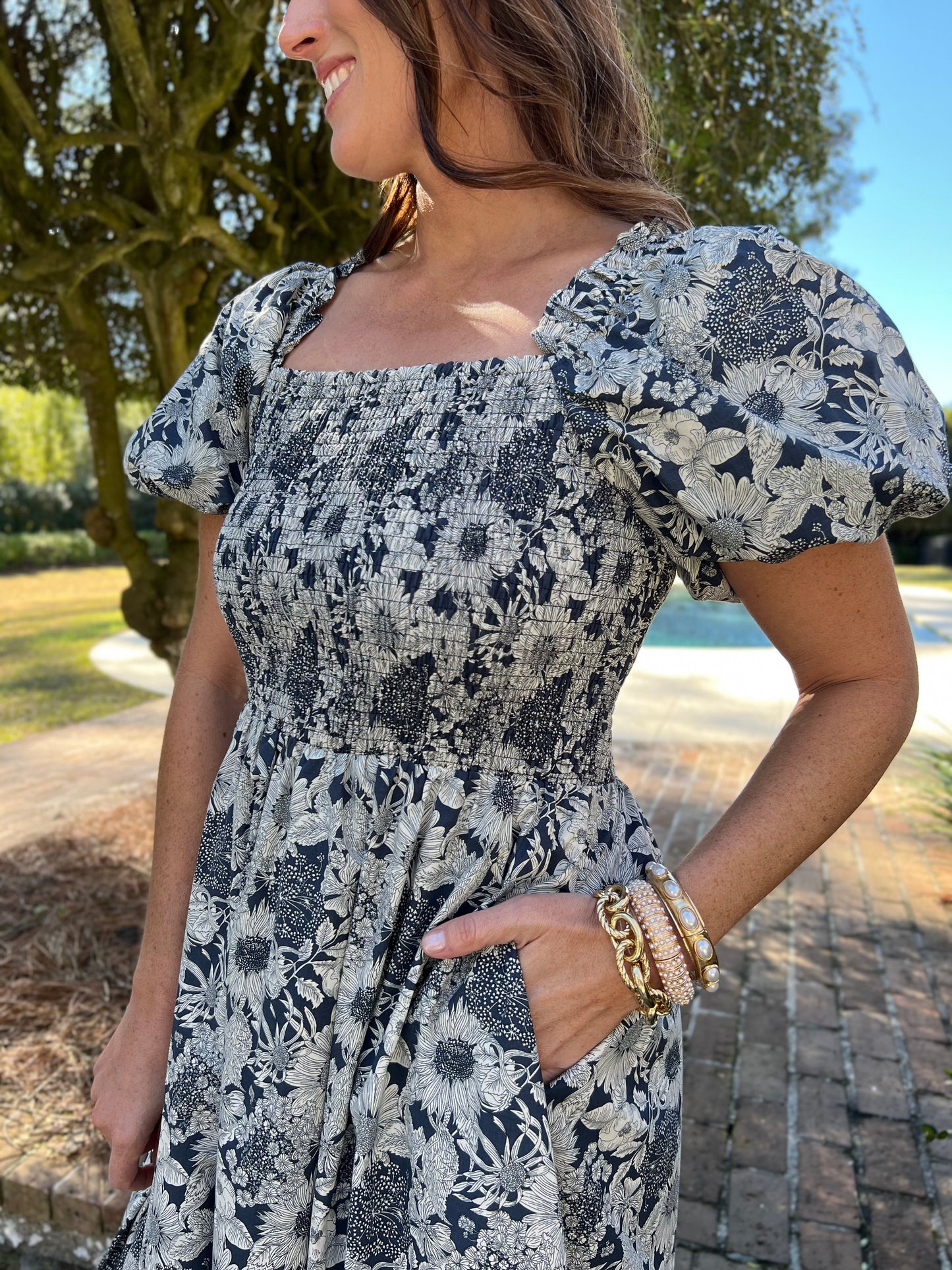 Melinda Navy Floral Smocked Maxi Dress