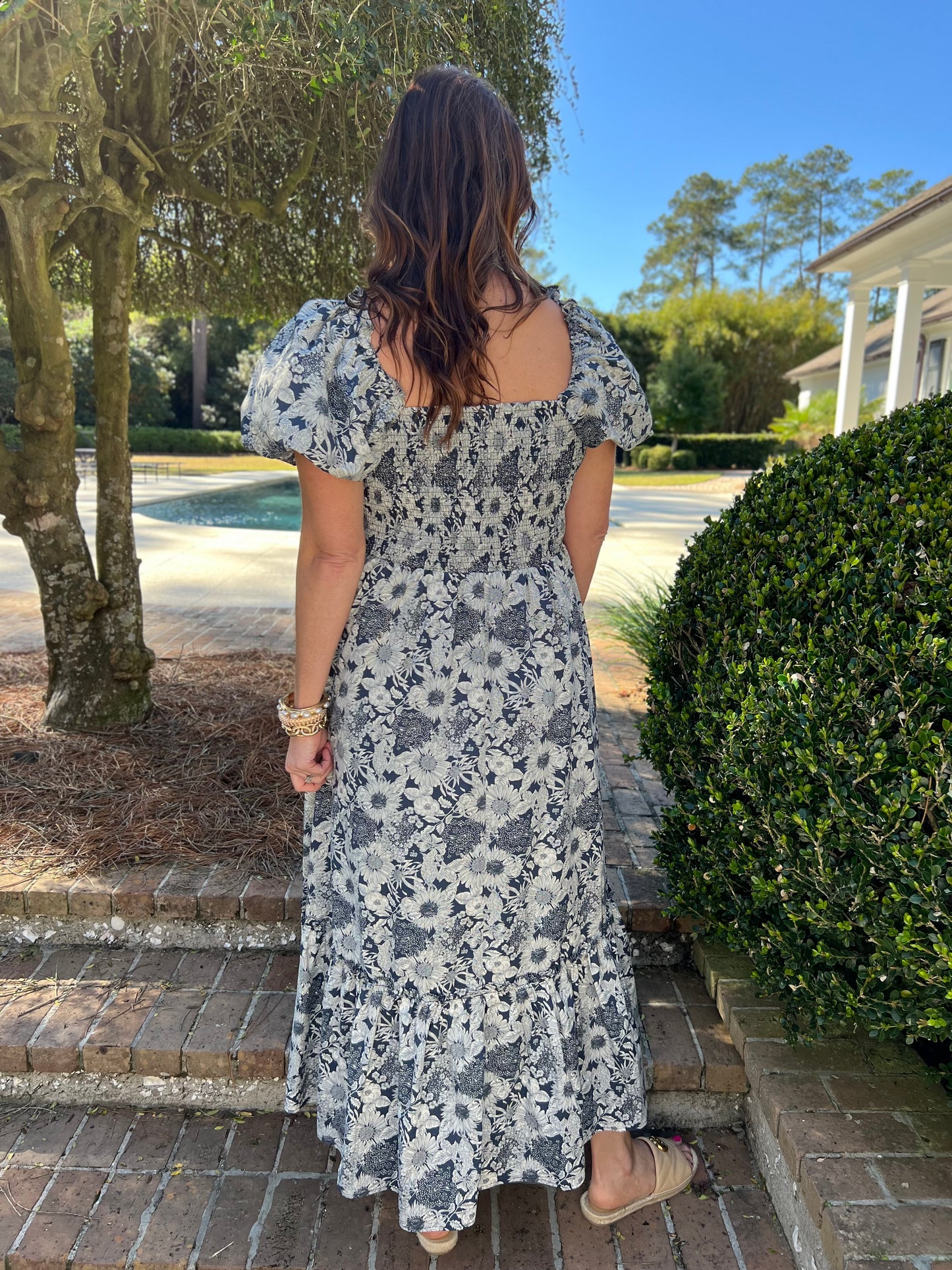 Melinda Navy Floral Smocked Maxi Dress