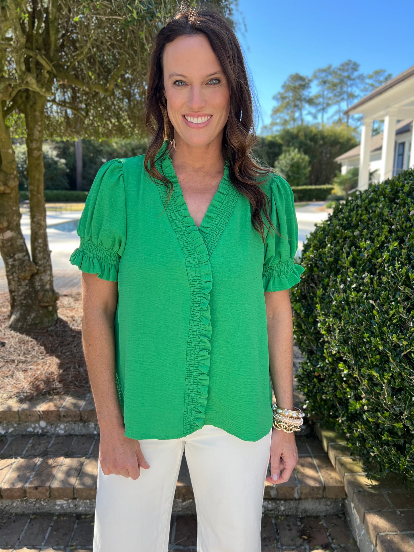 Helen Kelly Green Ruffle Top