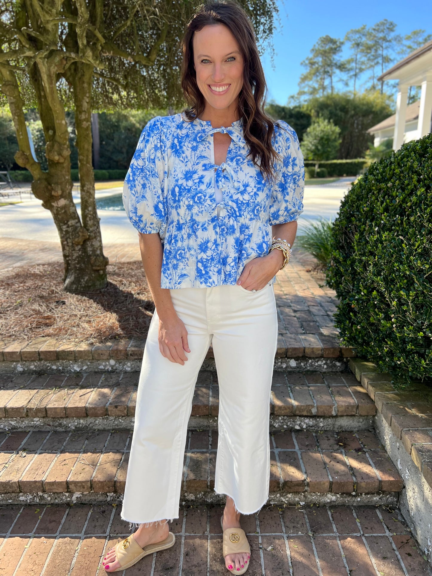 Candace White & Blue Floral Print Top