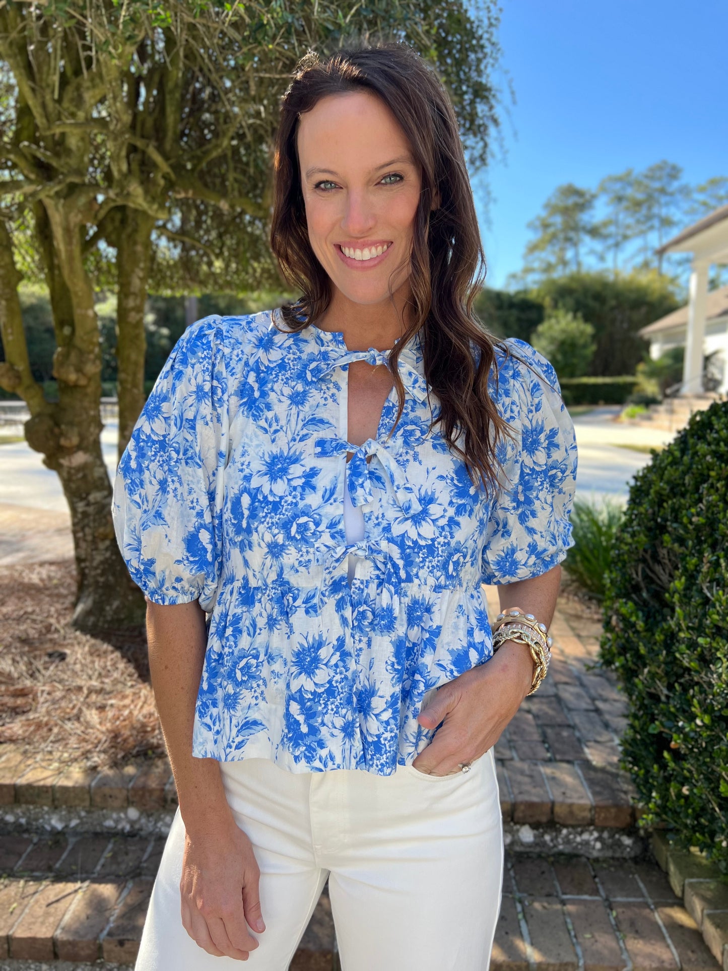 Candace White & Blue Floral Print Top