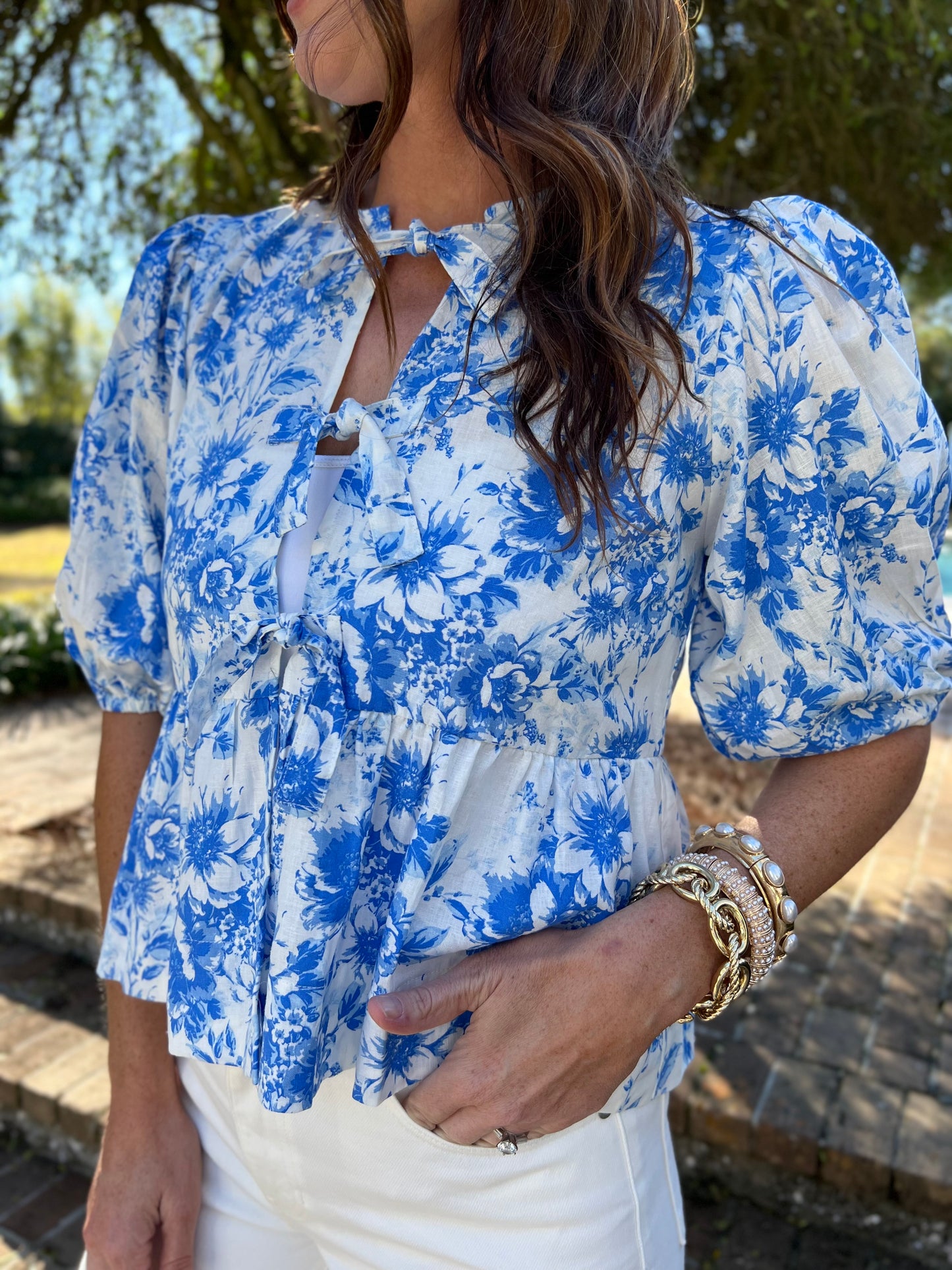 Candace White & Blue Floral Print Top