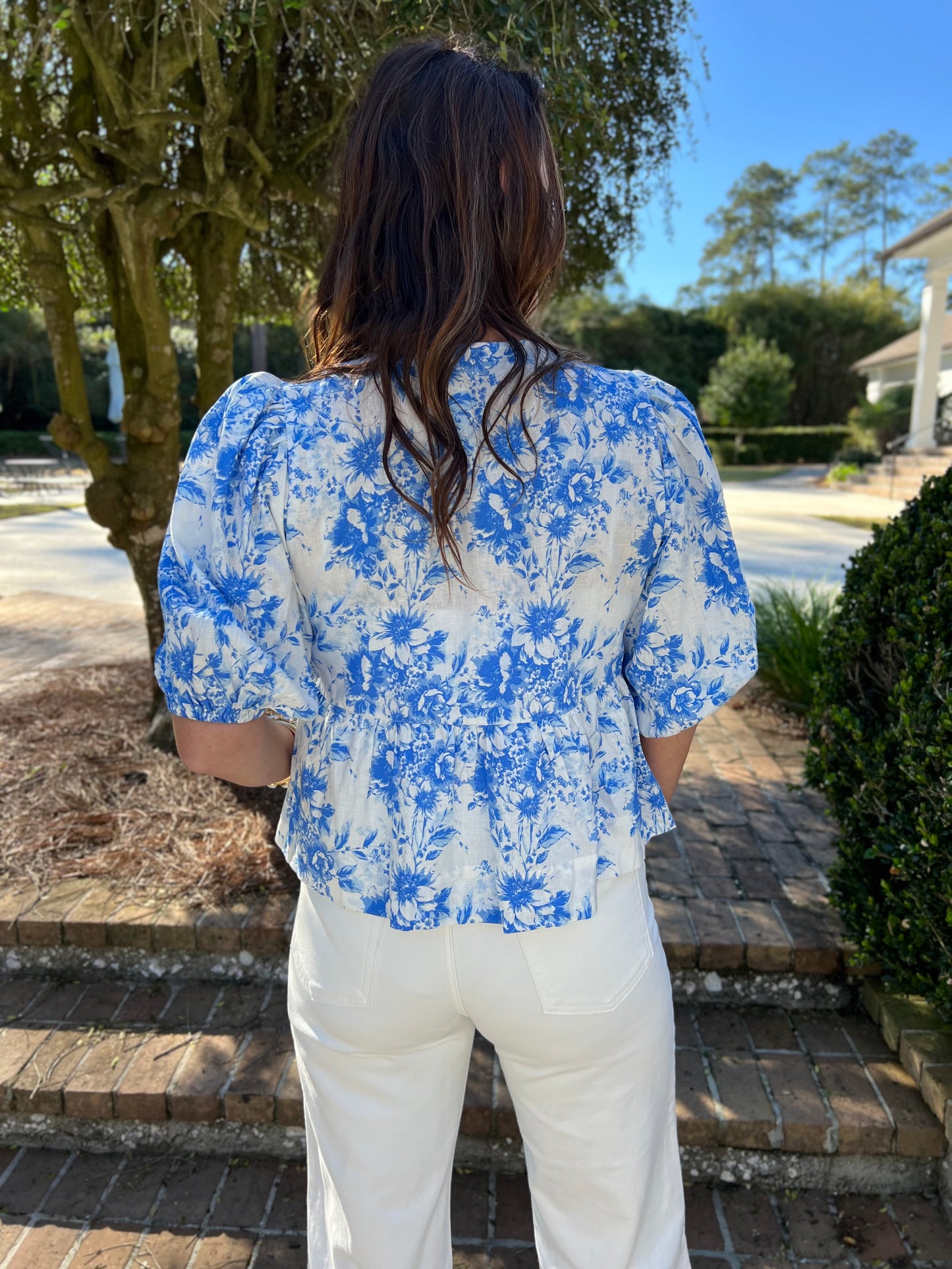 Candace White & Blue Floral Print Top