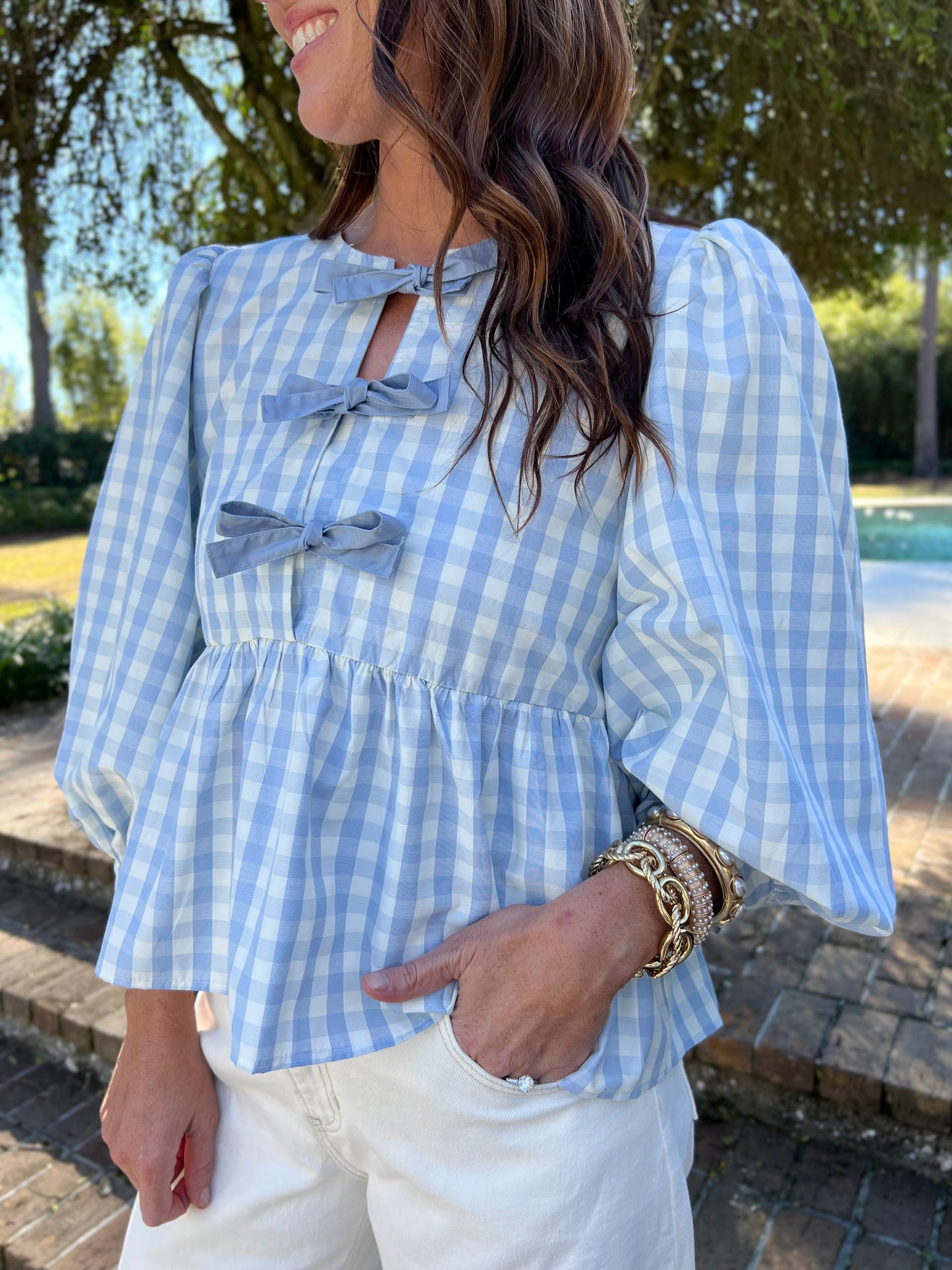 Get Your Sass On Sky-Blue Gingham Poplin Peplum Top