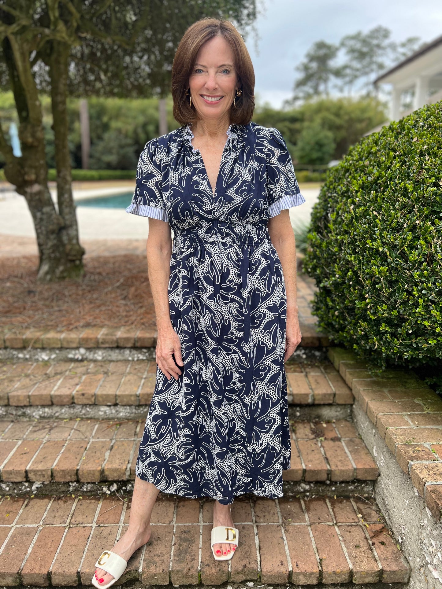 Maddie Navy Embroidered V-Neck Midi Dress