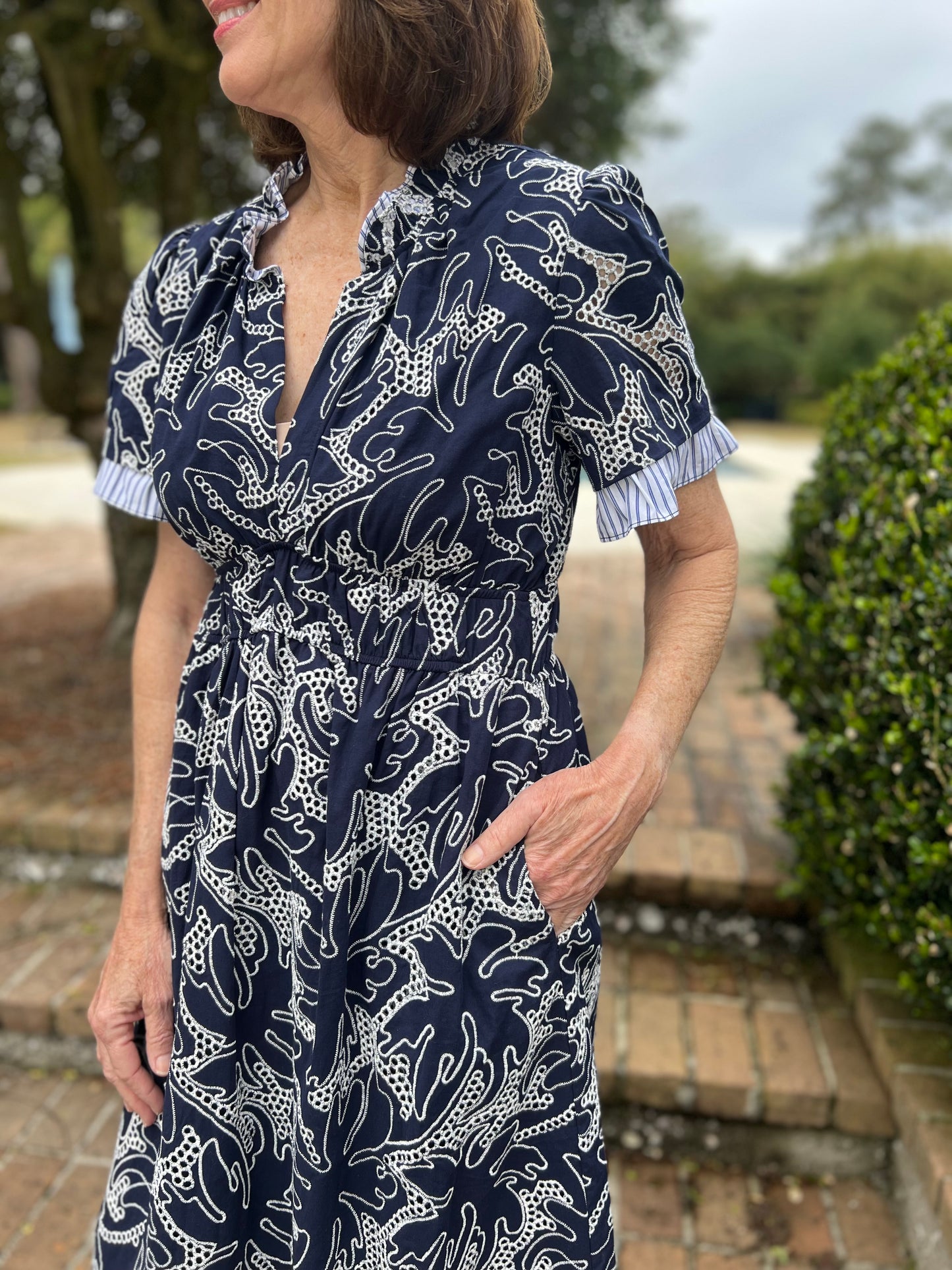 Maddie Navy Embroidered V-Neck Midi Dress