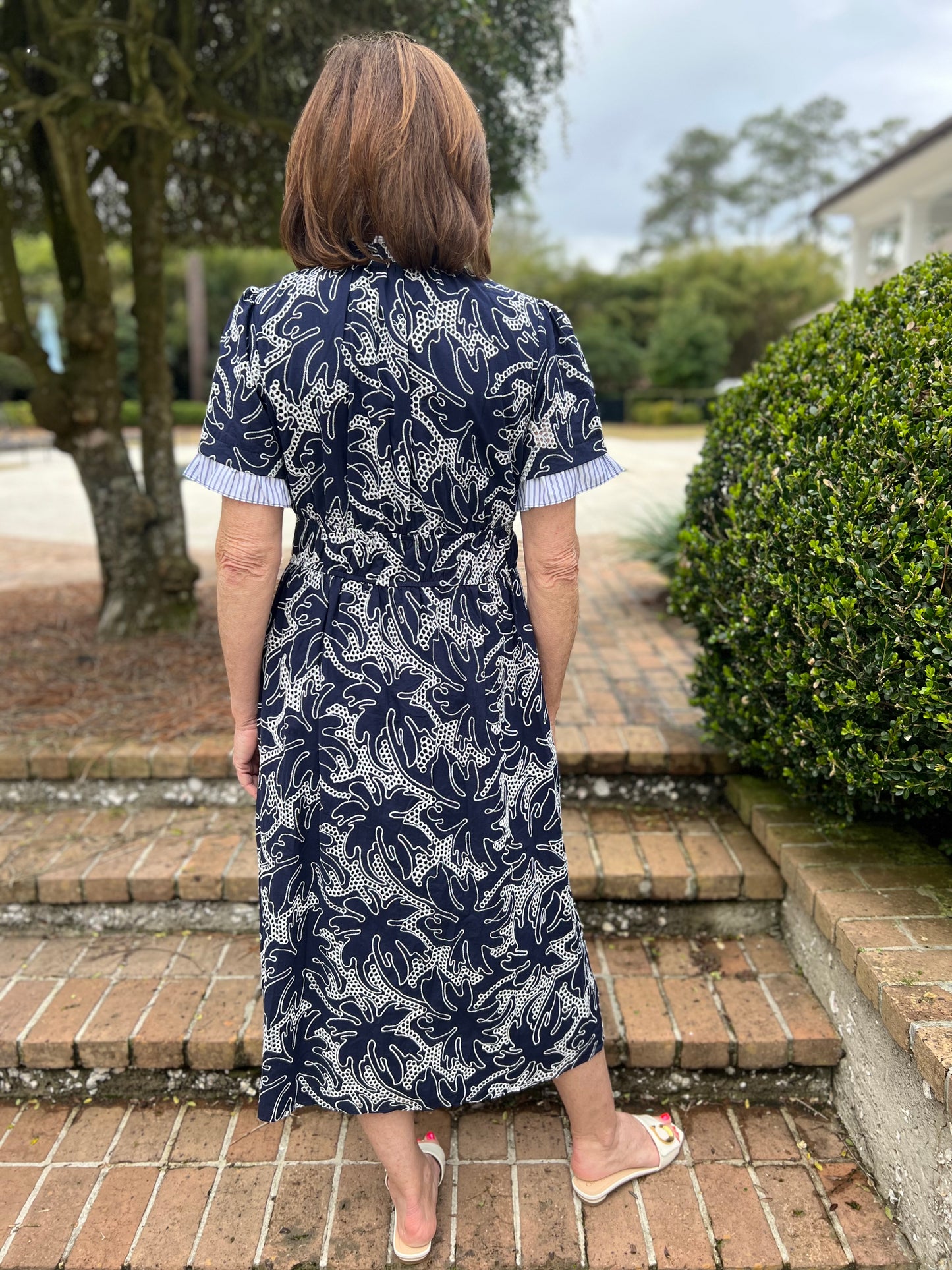 Maddie Navy Embroidered V-Neck Midi Dress