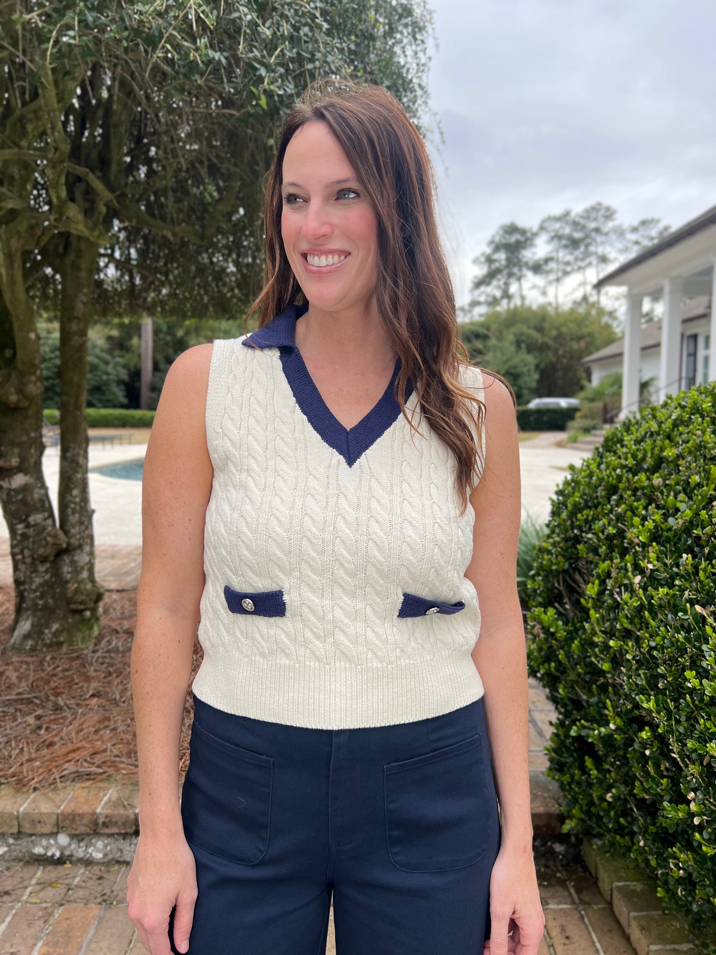 Nora Navy Trim Sweater Tank