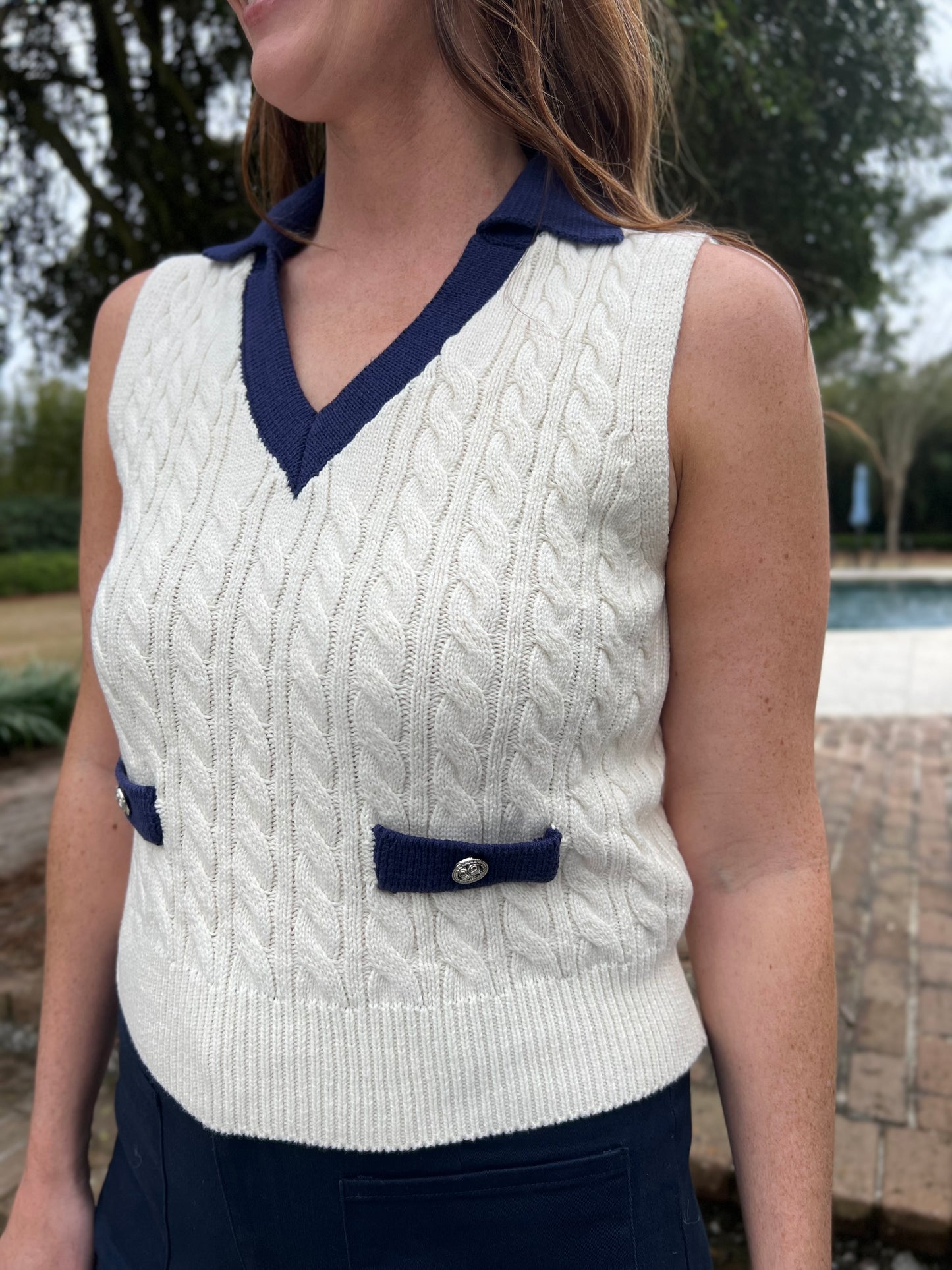 Nora Navy Trim Sweater Tank