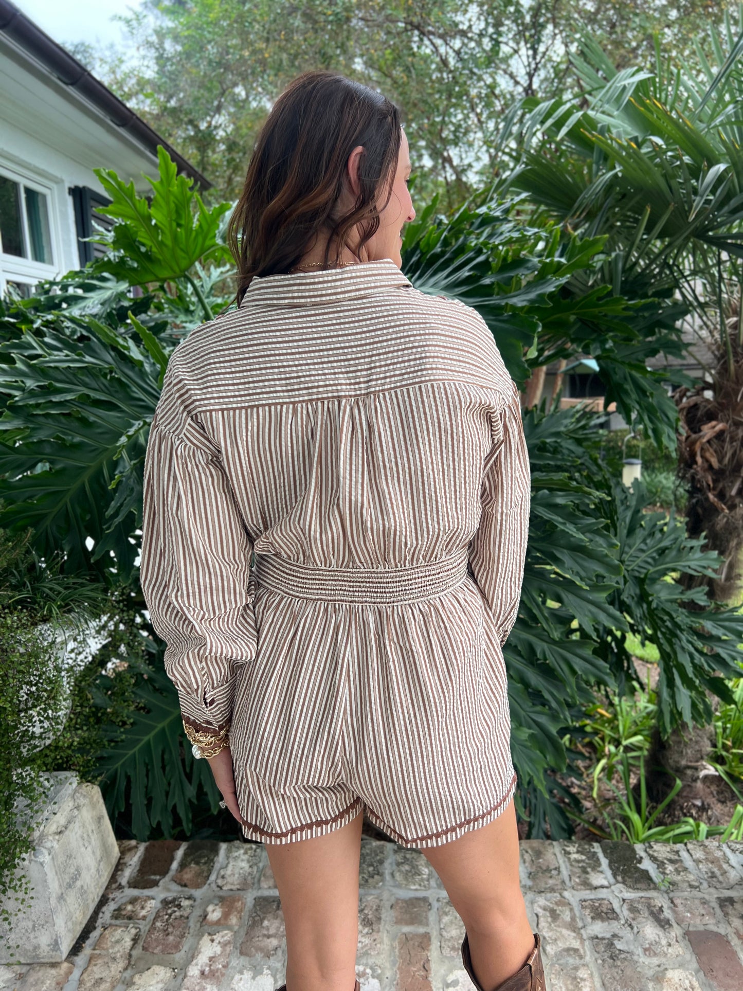 Off Duty Cowgirl Mocha Striped Romper