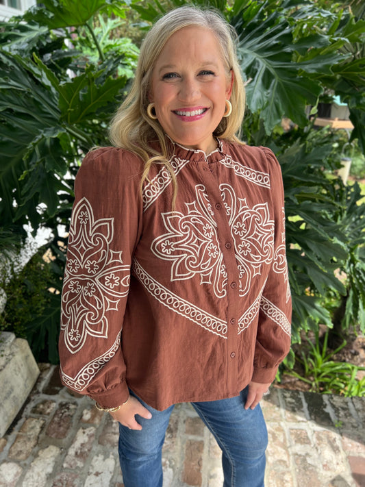 Wrangle Up Mocha Embroidered Top