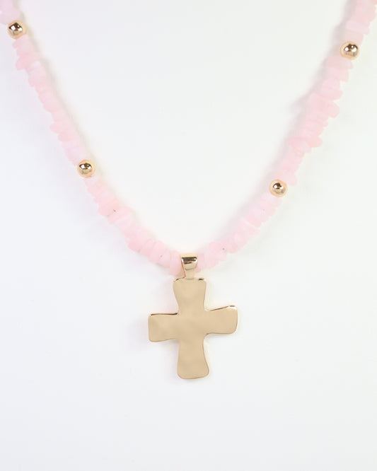 Holland Beaded Cross Necklace Light Pink
