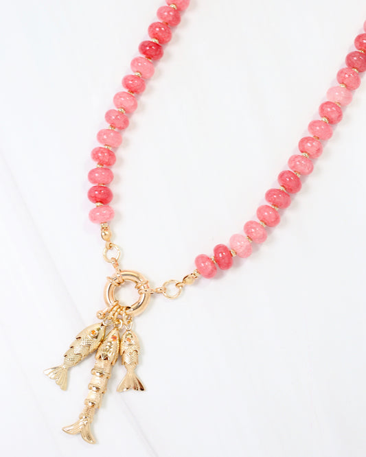 Saranac Marble Bead Fish Charm Necklace Pink