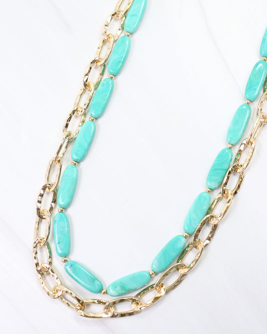 Fargo Link and Bead Layered Necklace Turquoise