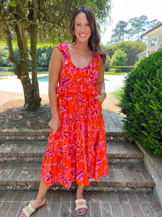 Deigie Orange Ruffle Shoulder Midi Dress