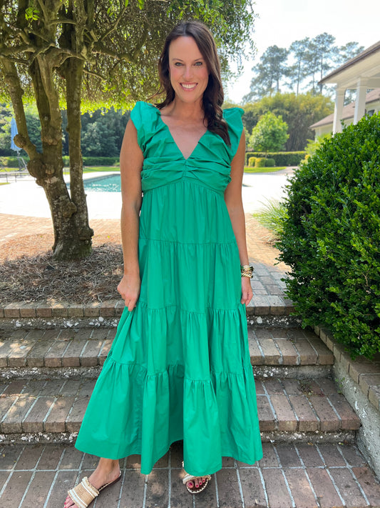 Breva Poplin Kelly Green Shirred Maxi Dress