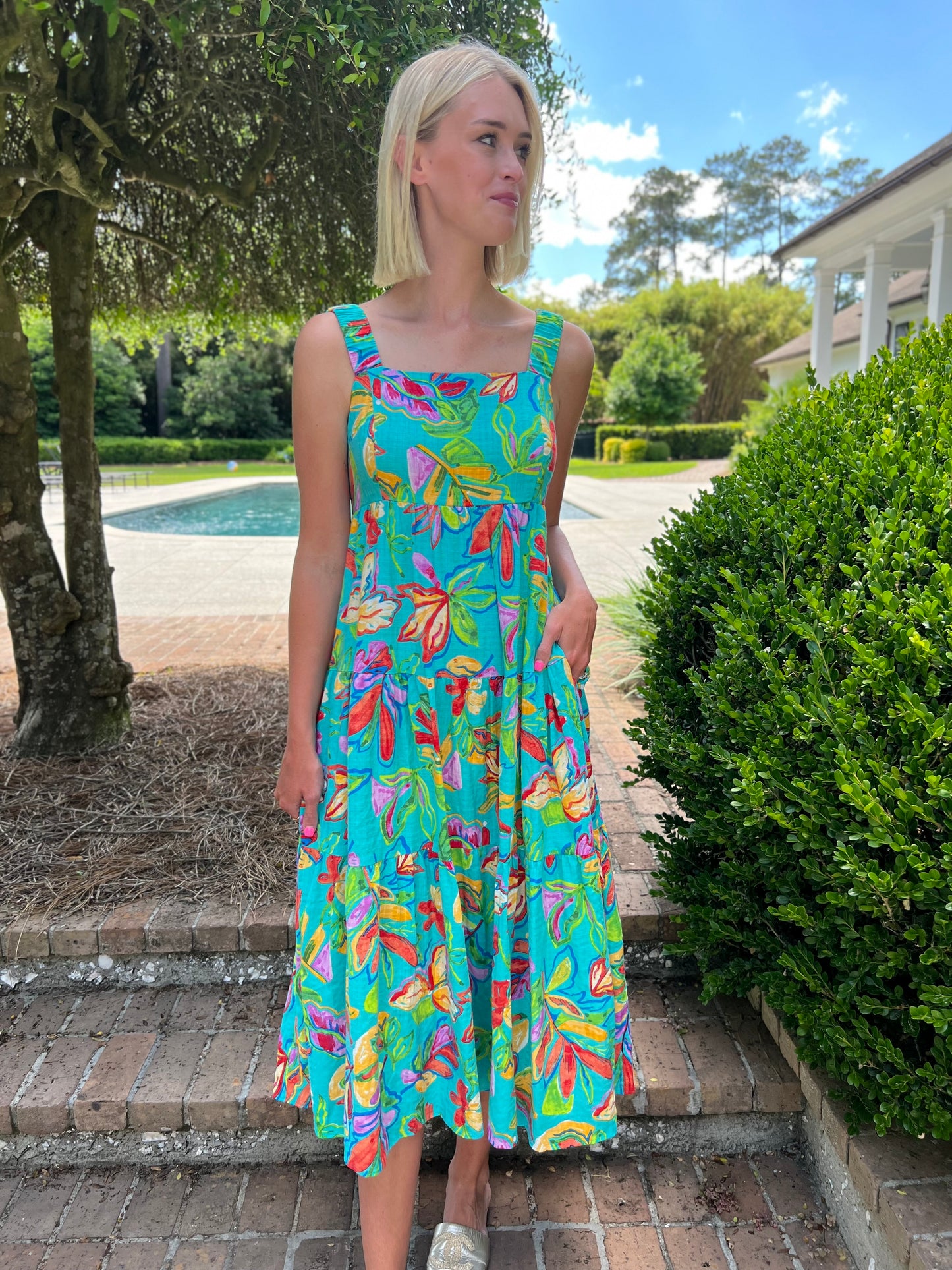 Raven Aqua Blue Tropical Printed Maxi Dress