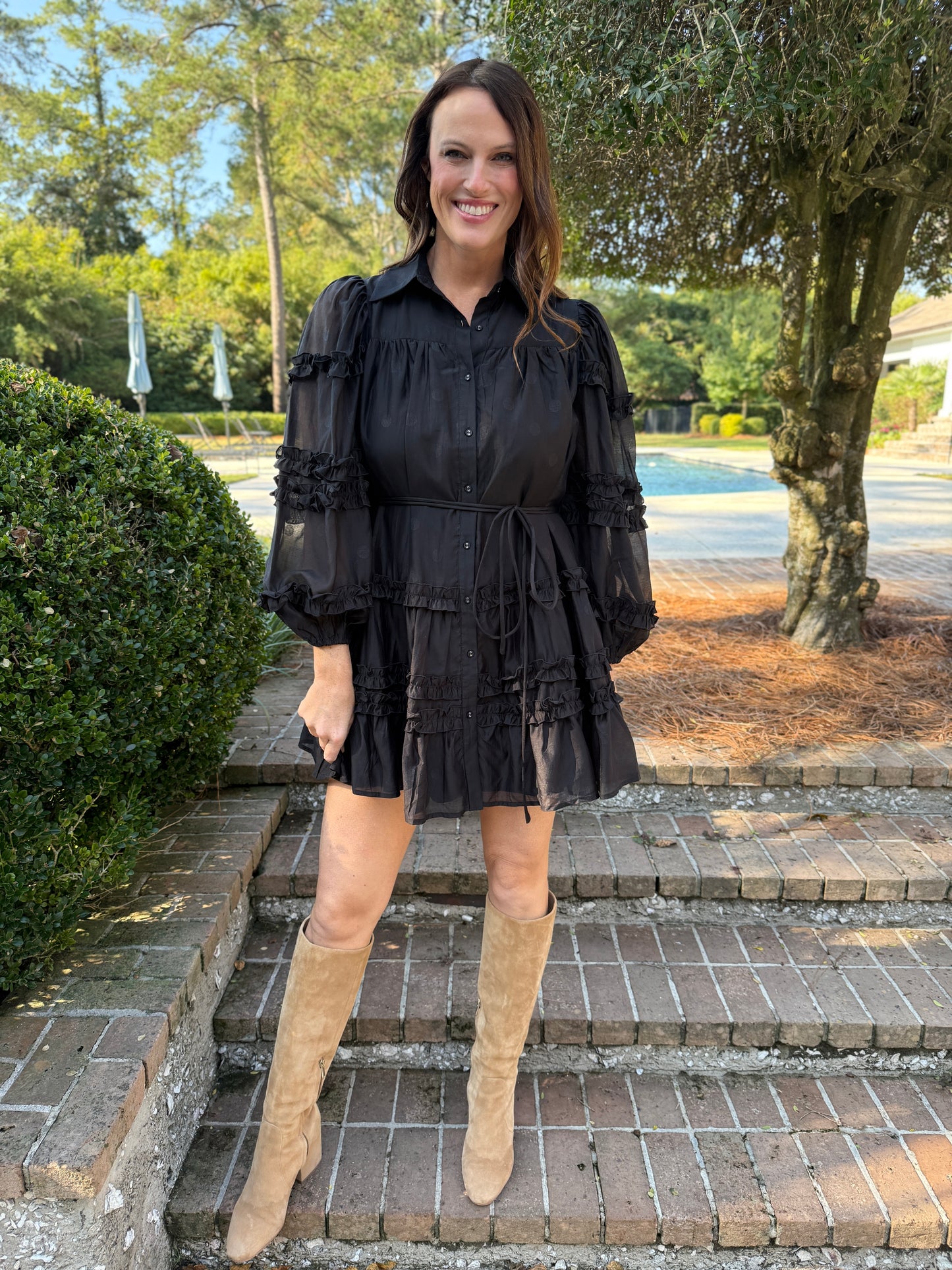 All By Herself Black Ruffled Shirt Dress