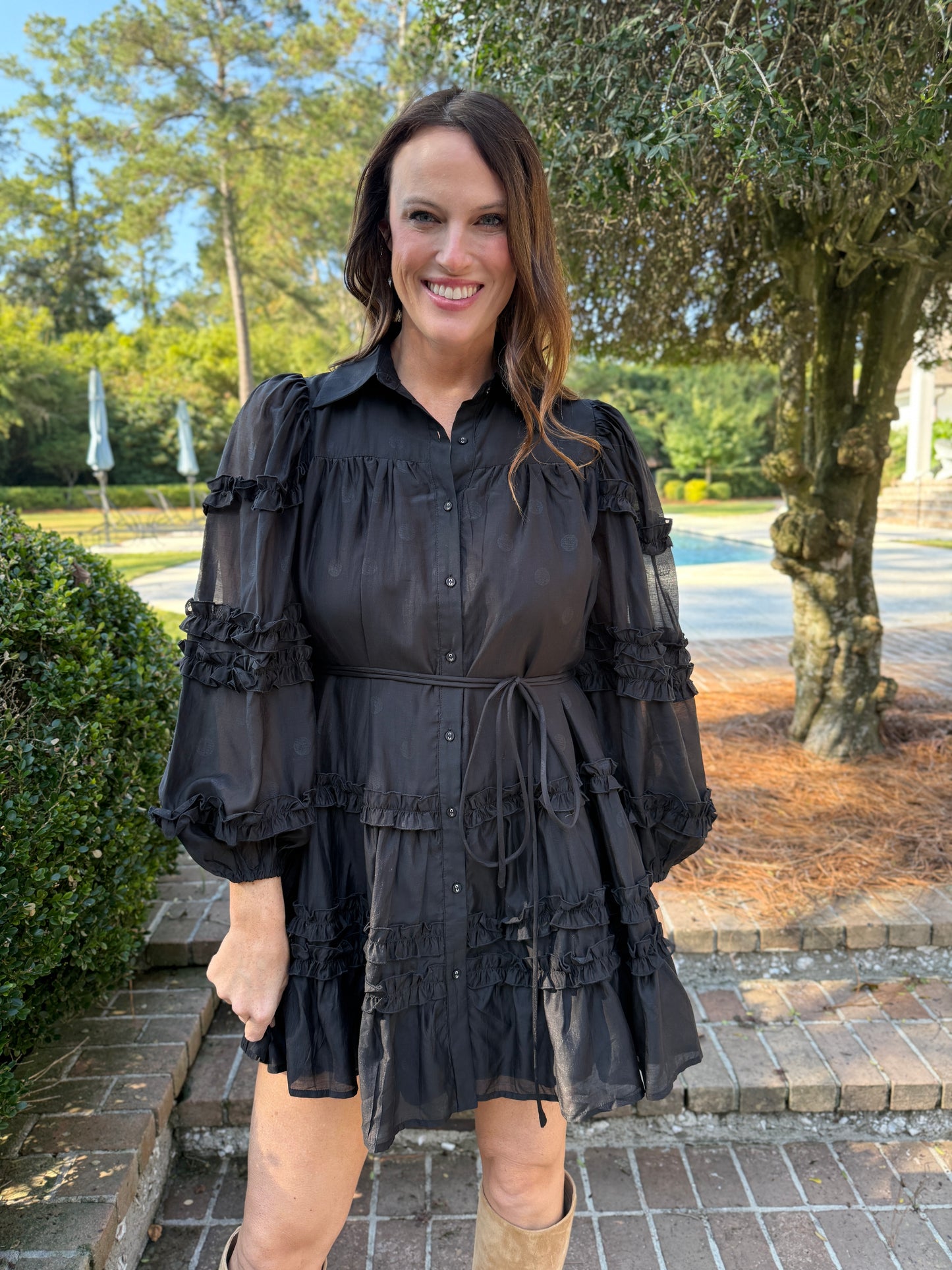 All By Herself Black Ruffled Shirt Dress