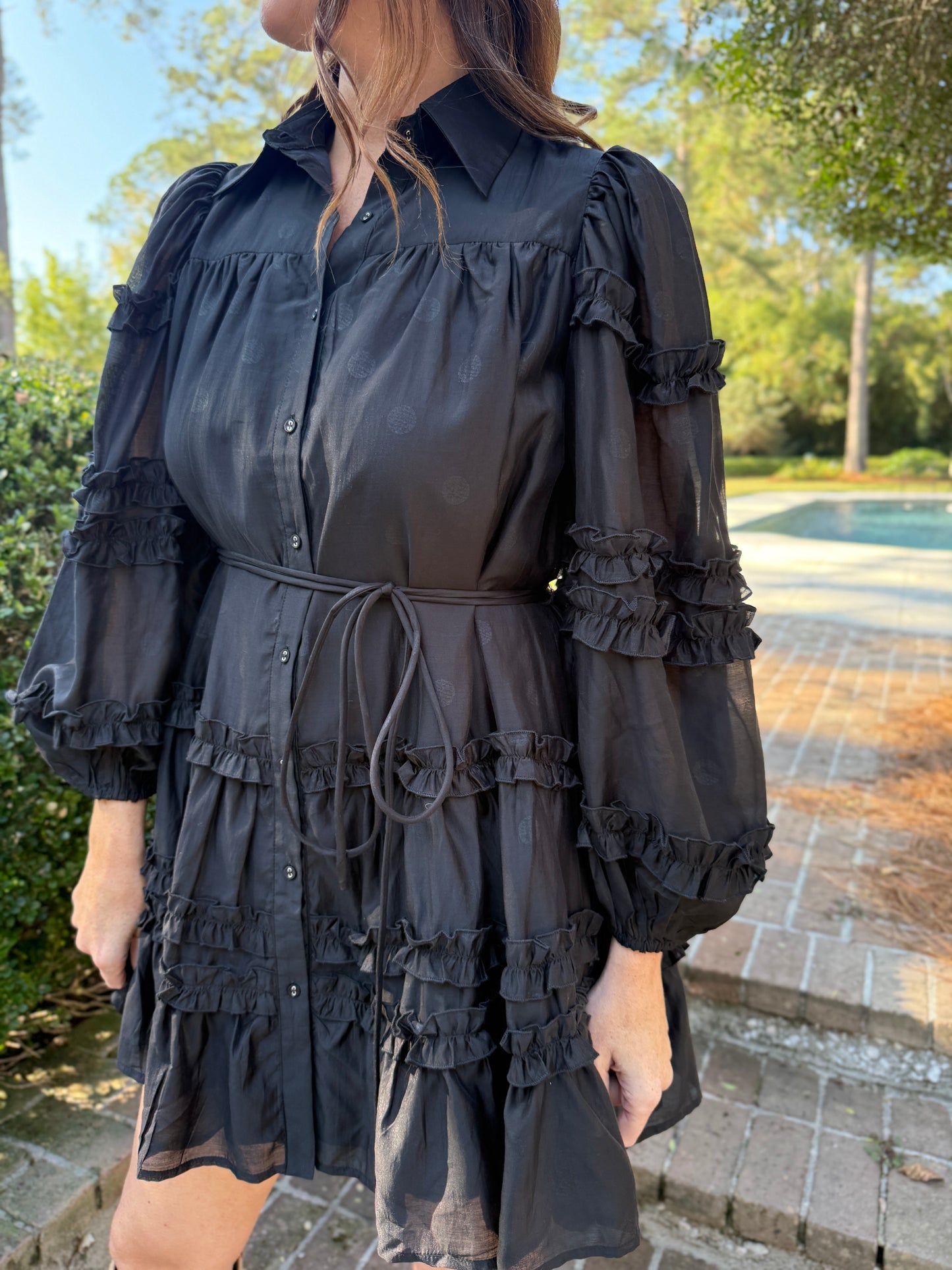 All By Herself Black Ruffled Shirt Dress