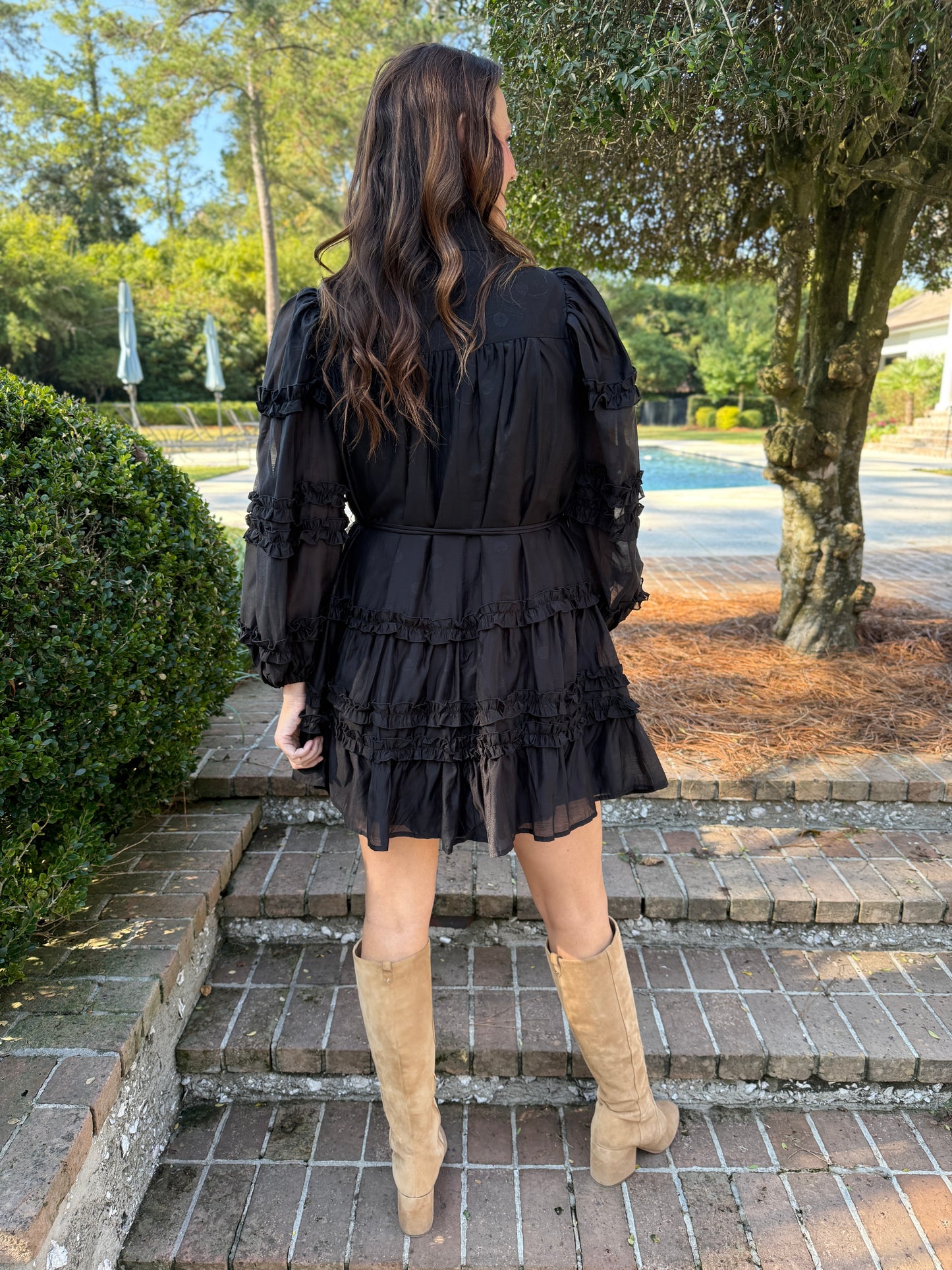 All By Herself Black Ruffled Shirt Dress