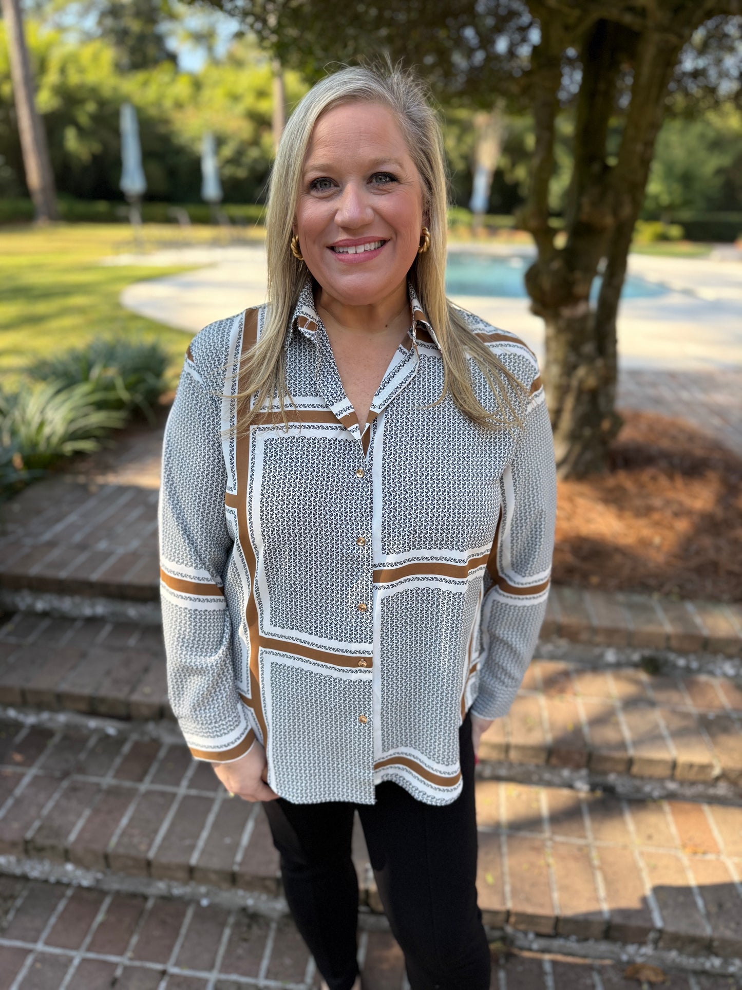 Miss Elevated Brown Stripe Printed Button Down