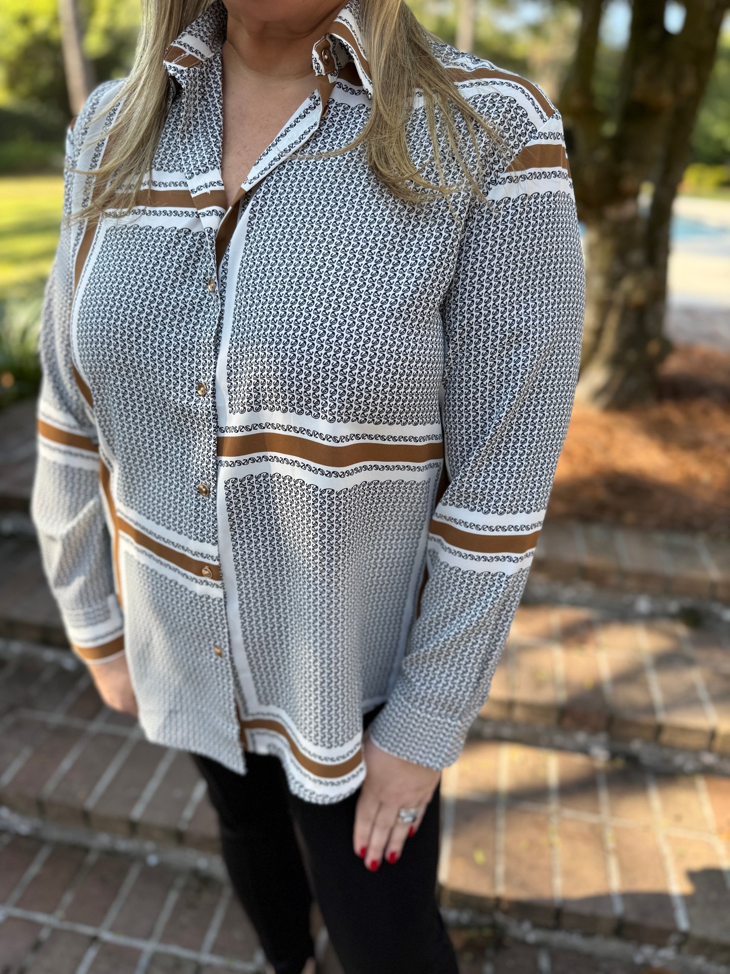 Miss Elevated Brown Stripe Printed Button Down