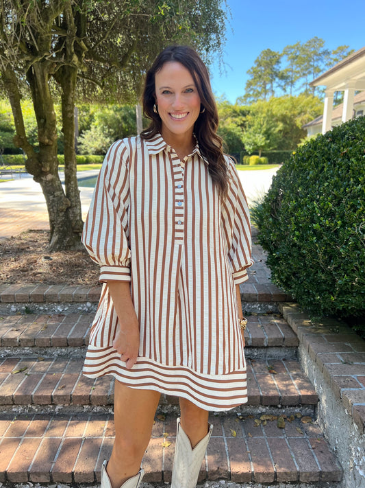 Just Breathe Brown Seersucker Mini Pullover Dress