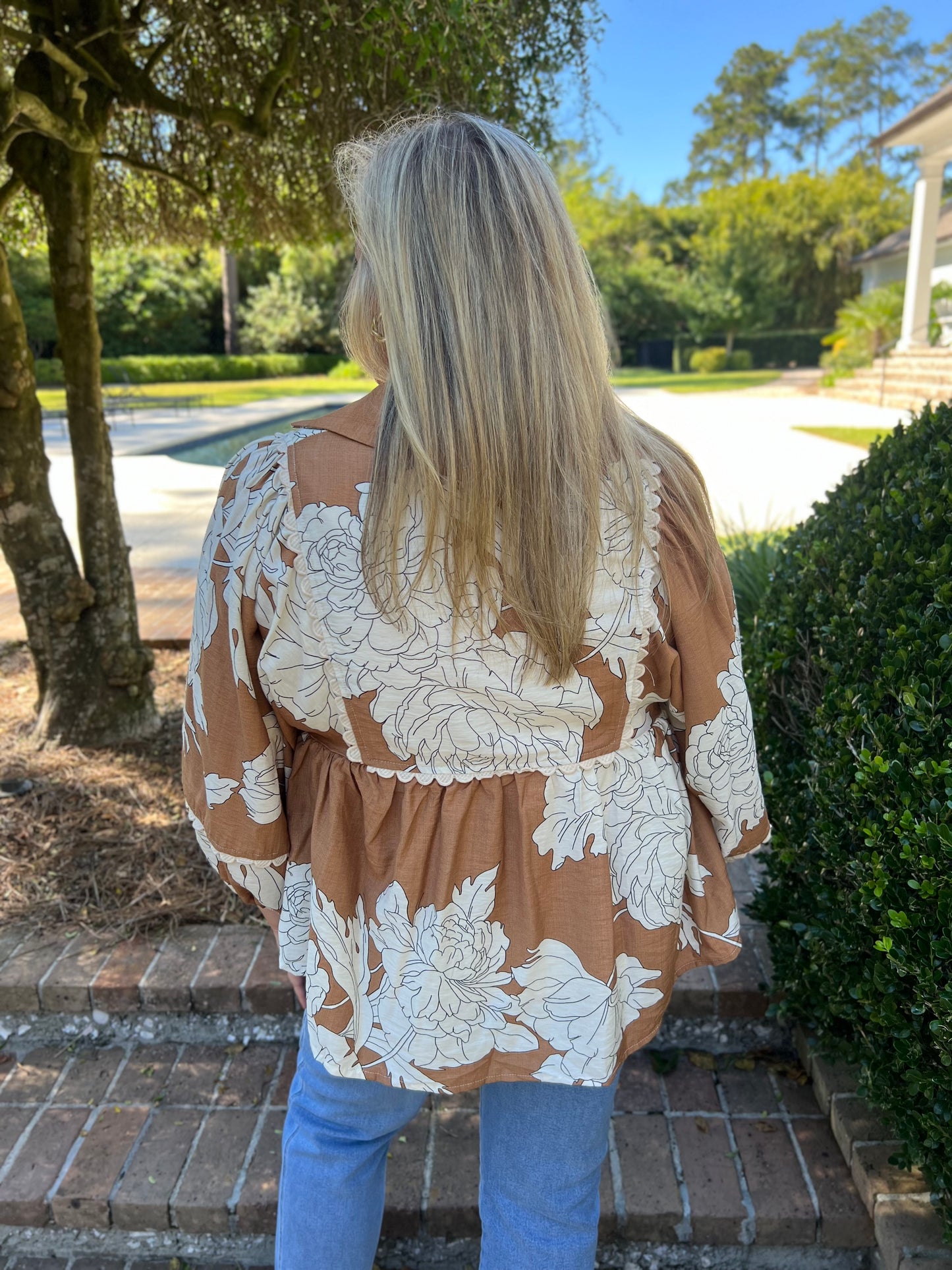 Just For Laughs Camel Floral Top