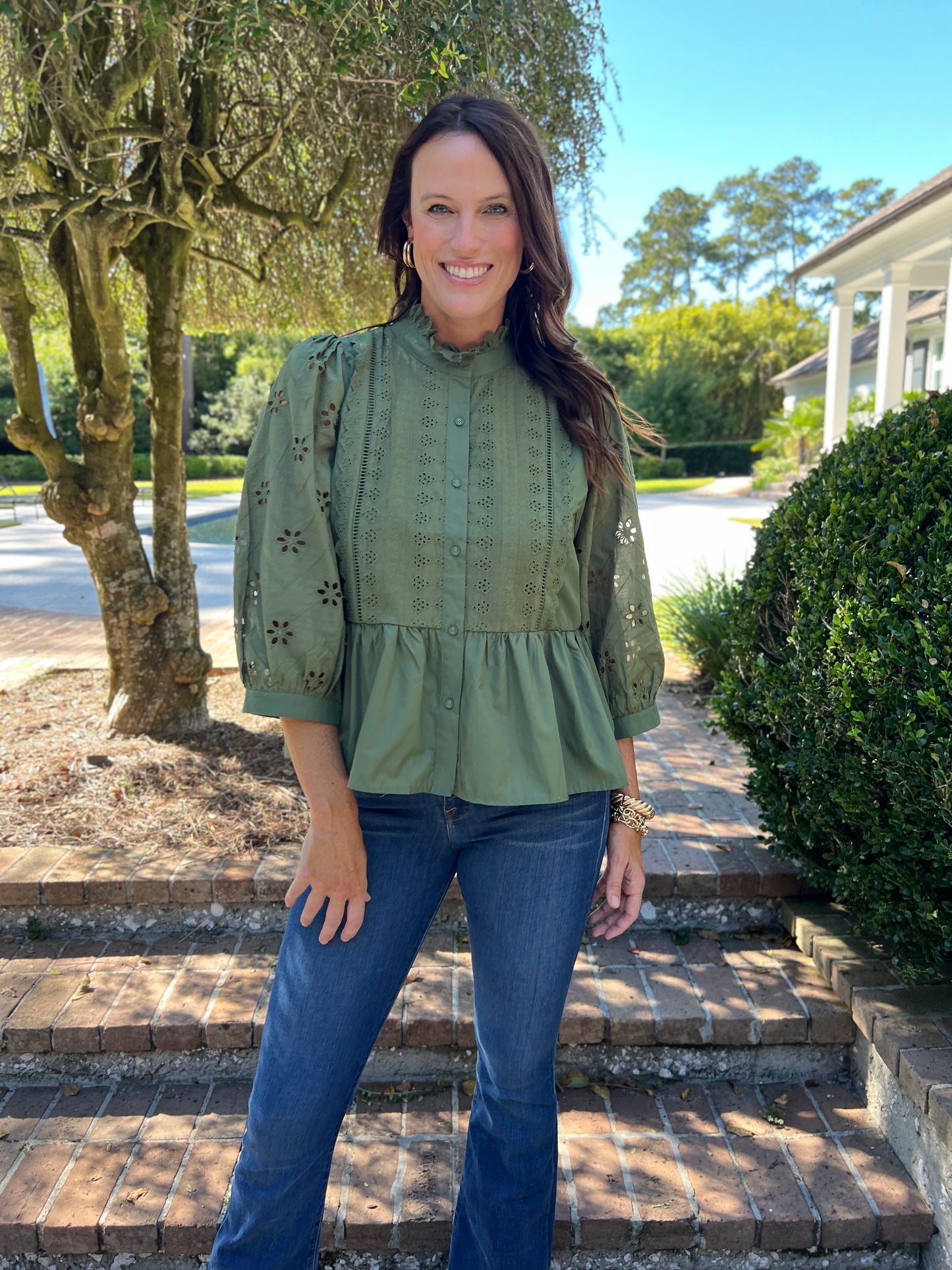 Amanda Olive Eyelet Top