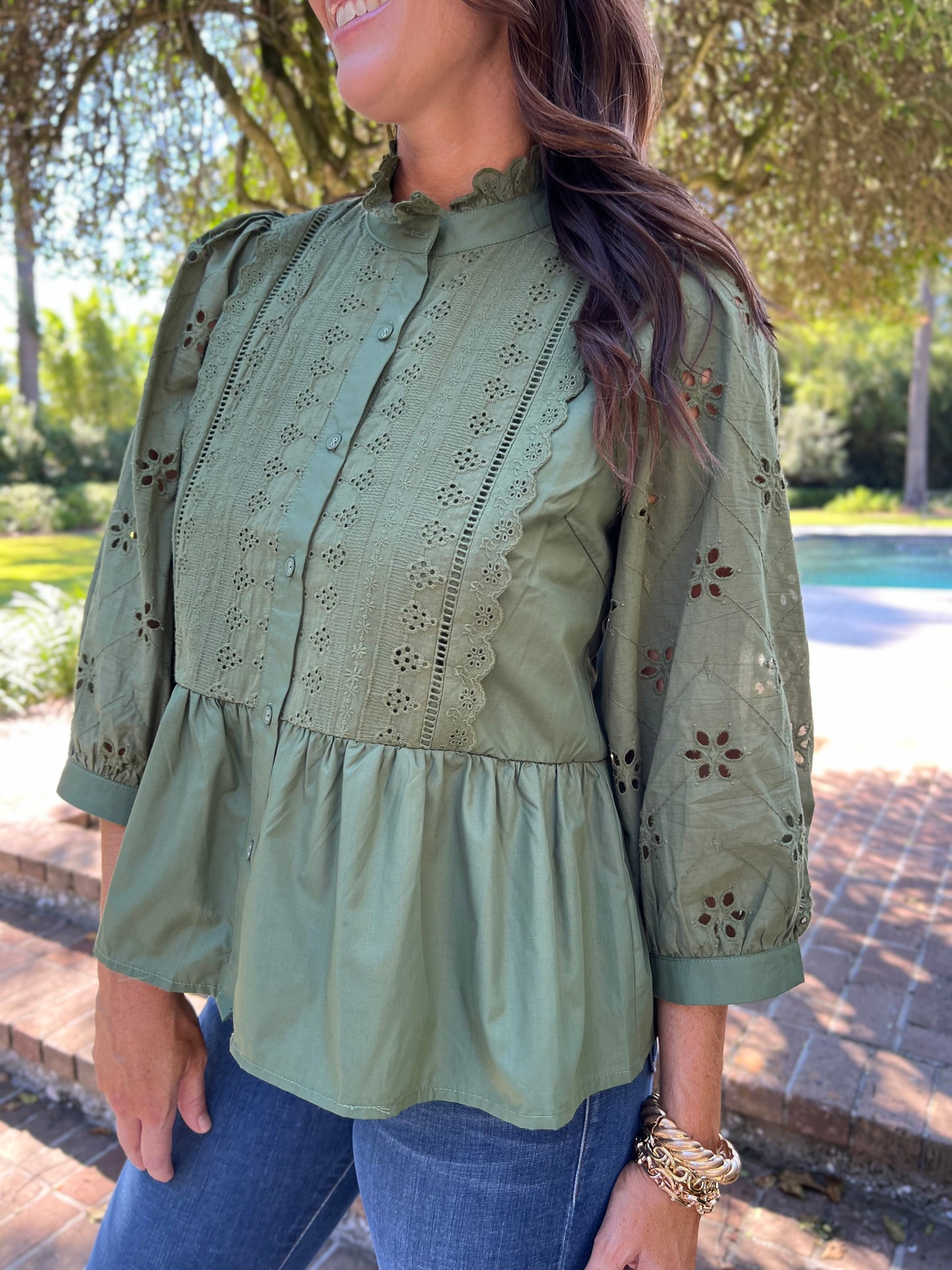 Amanda Olive Eyelet Top