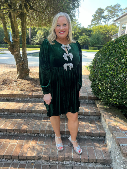 Glow Bow Green Velvet Dress