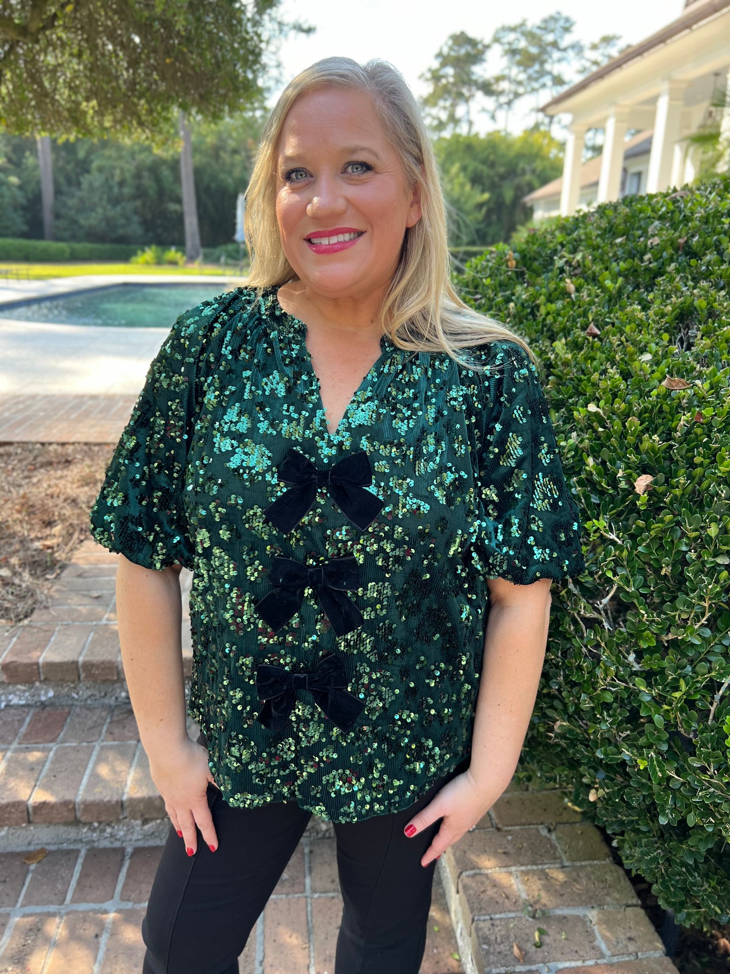 Time For Celebration Green Sequin Bow Top